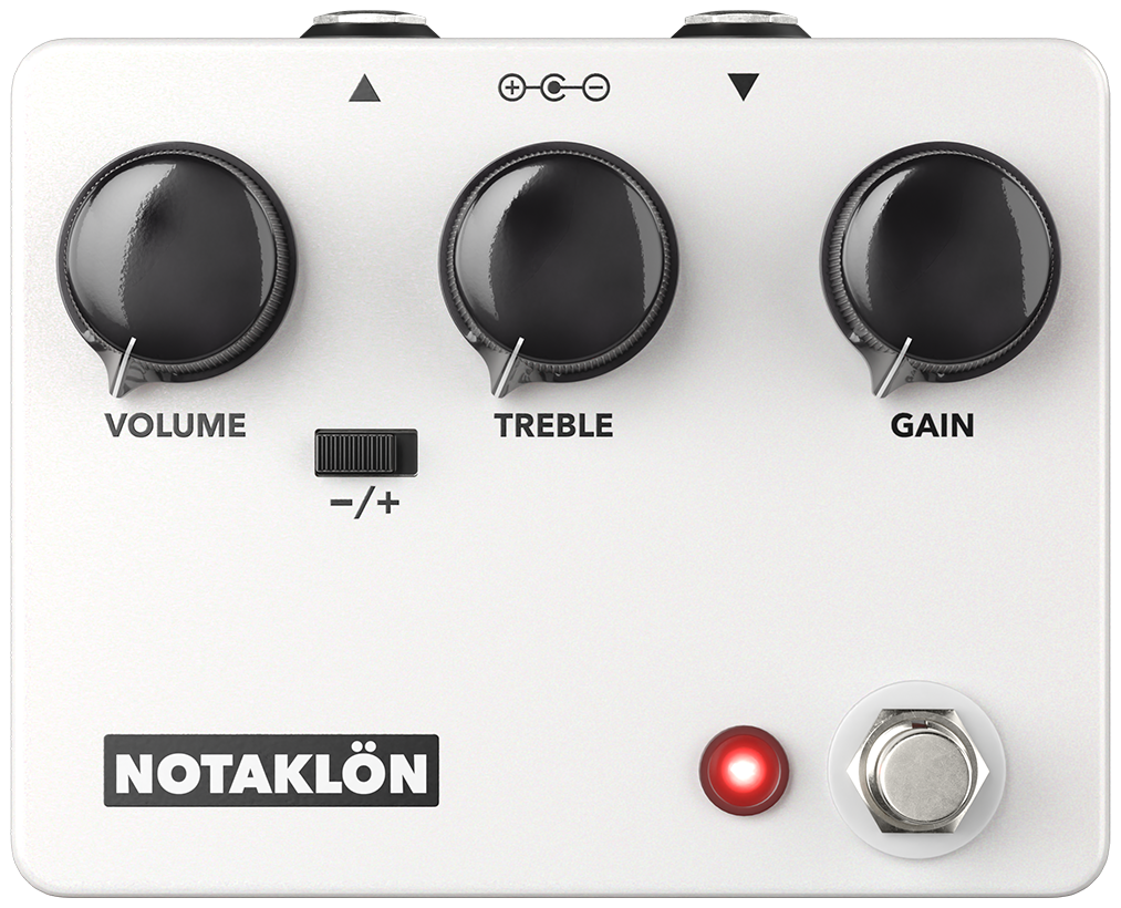 JHS NOTAKLÖN, top-down view, white enclosure, three black knobs, −/+ Shamrock switch