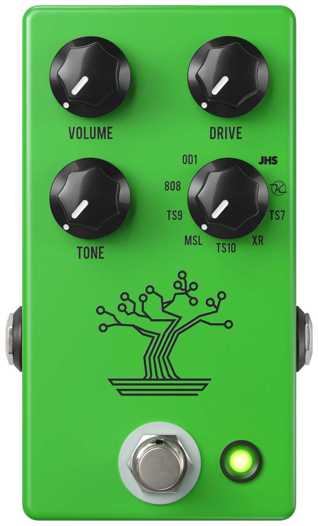 JHS Bonsai, top-down view, green enclosure, bonsai tree graphic, 9-way mode knob