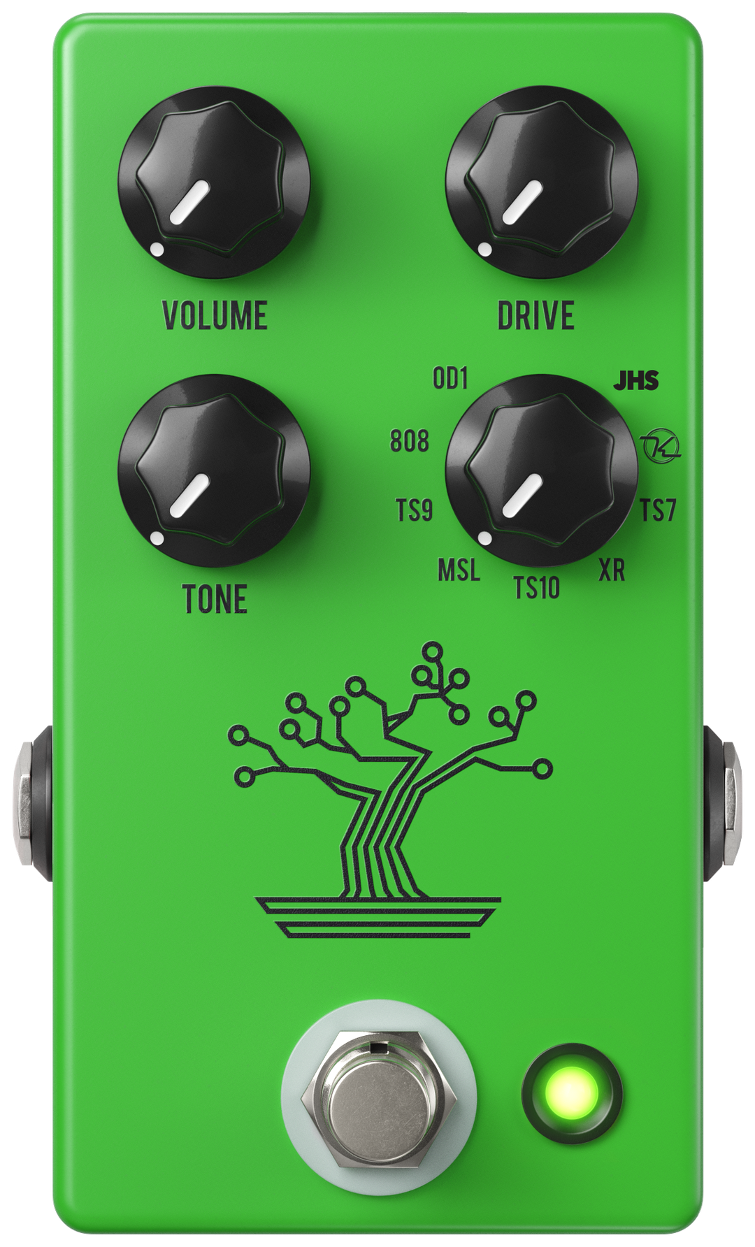 JHS Bonsai, top-down view, green enclosure, bonsai tree graphic, 9-way mode knob