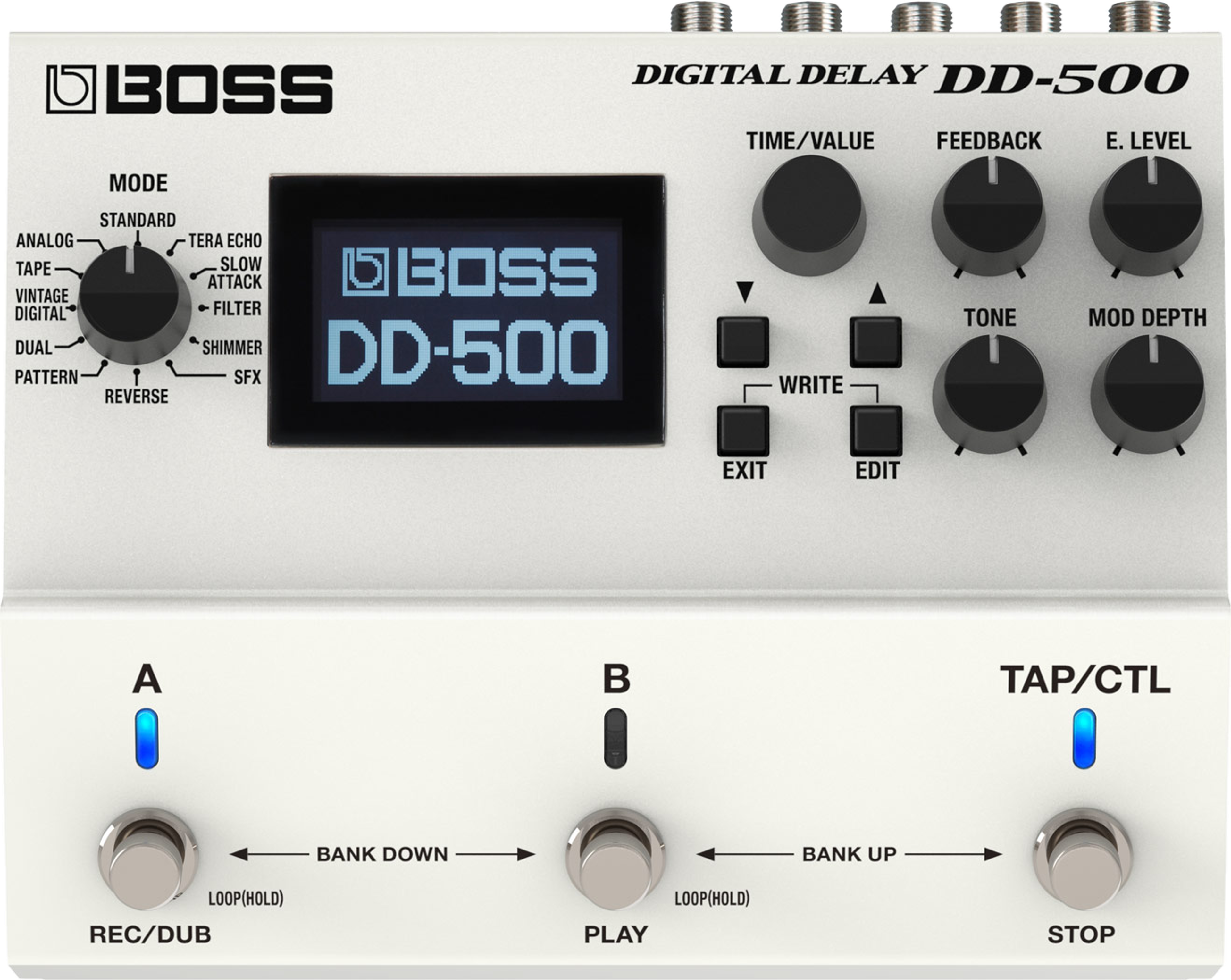 BOSS DD-500 Digital Delay, top-down view, white enclosure, graphic LCD, A, B and TAP/CTL footswitches