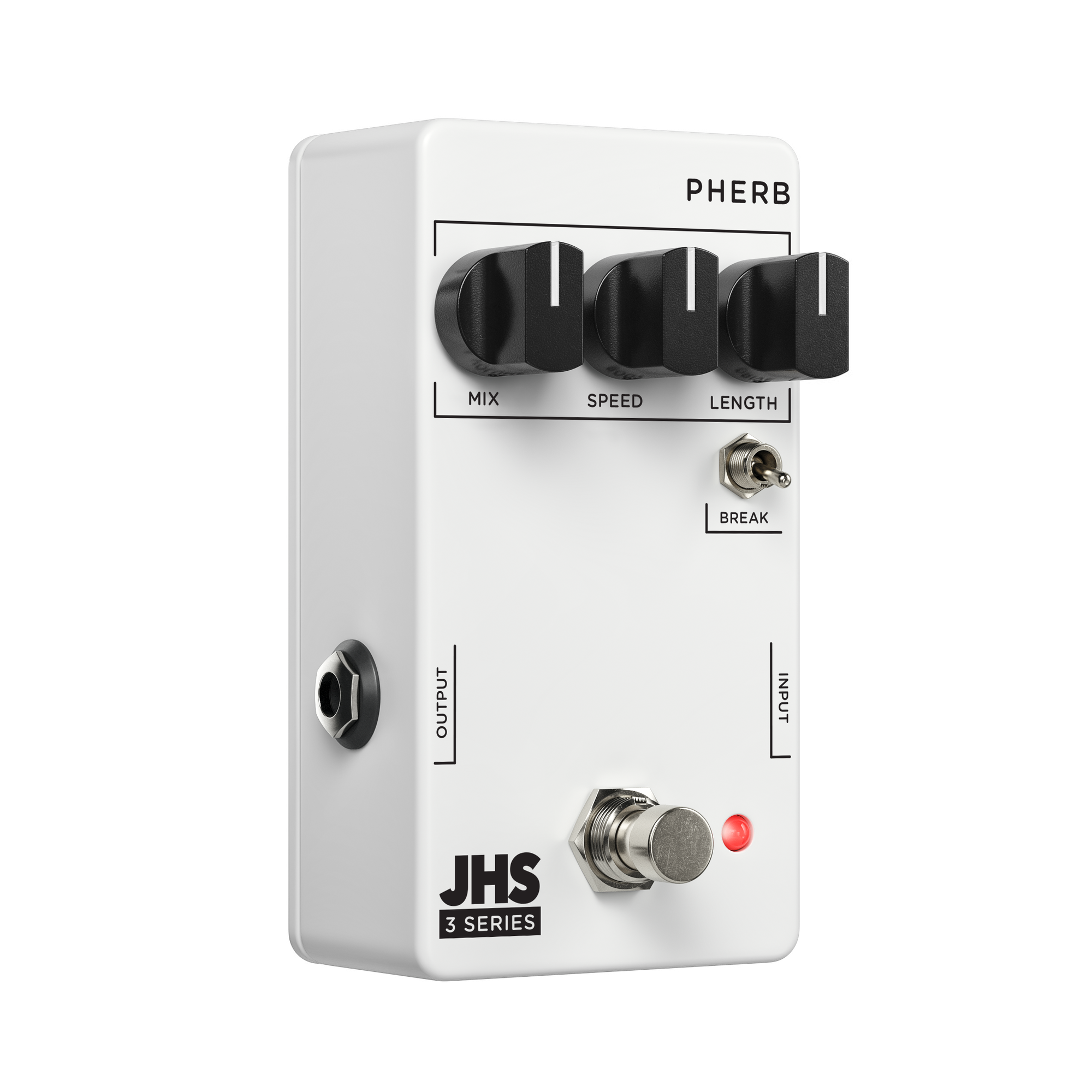JHS 3 Series PHERB phaser and reverb pedal, angled view with Mix, Speed and Length knobs, BREAK toggle and output jack