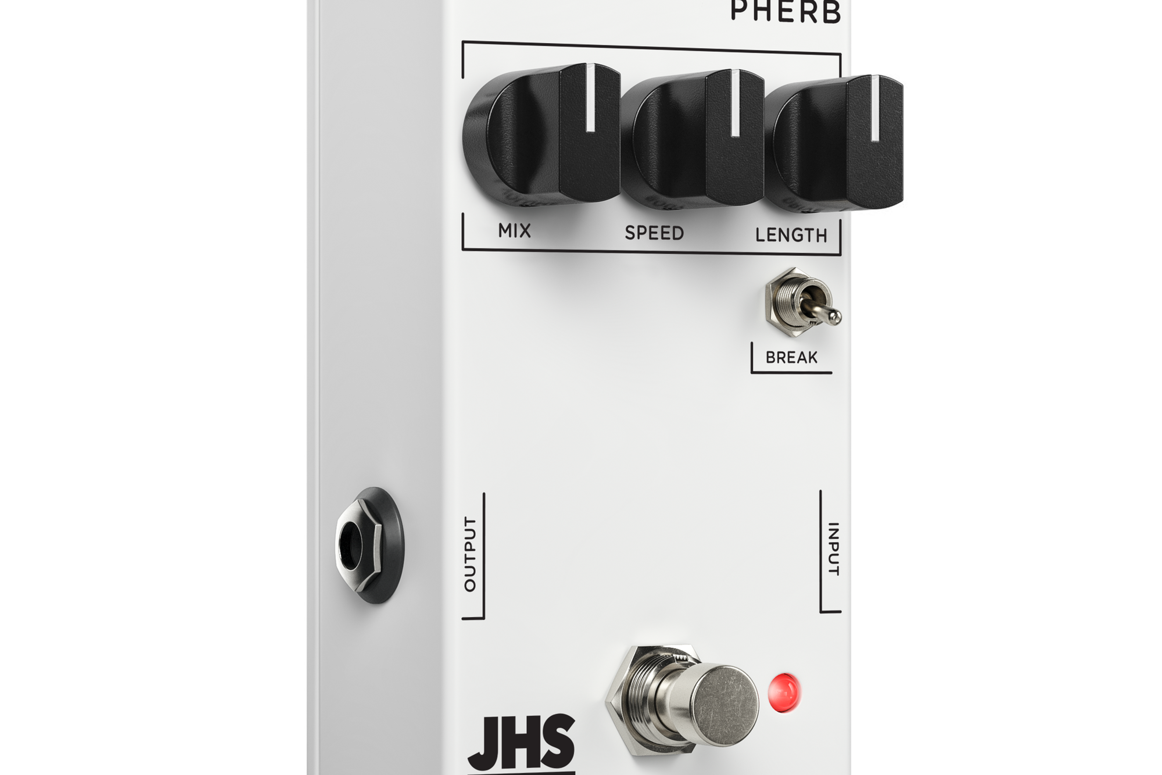 JHS 3 Series PHERB phaser and reverb pedal, angled view with Mix, Speed and Length knobs, BREAK toggle and output jack