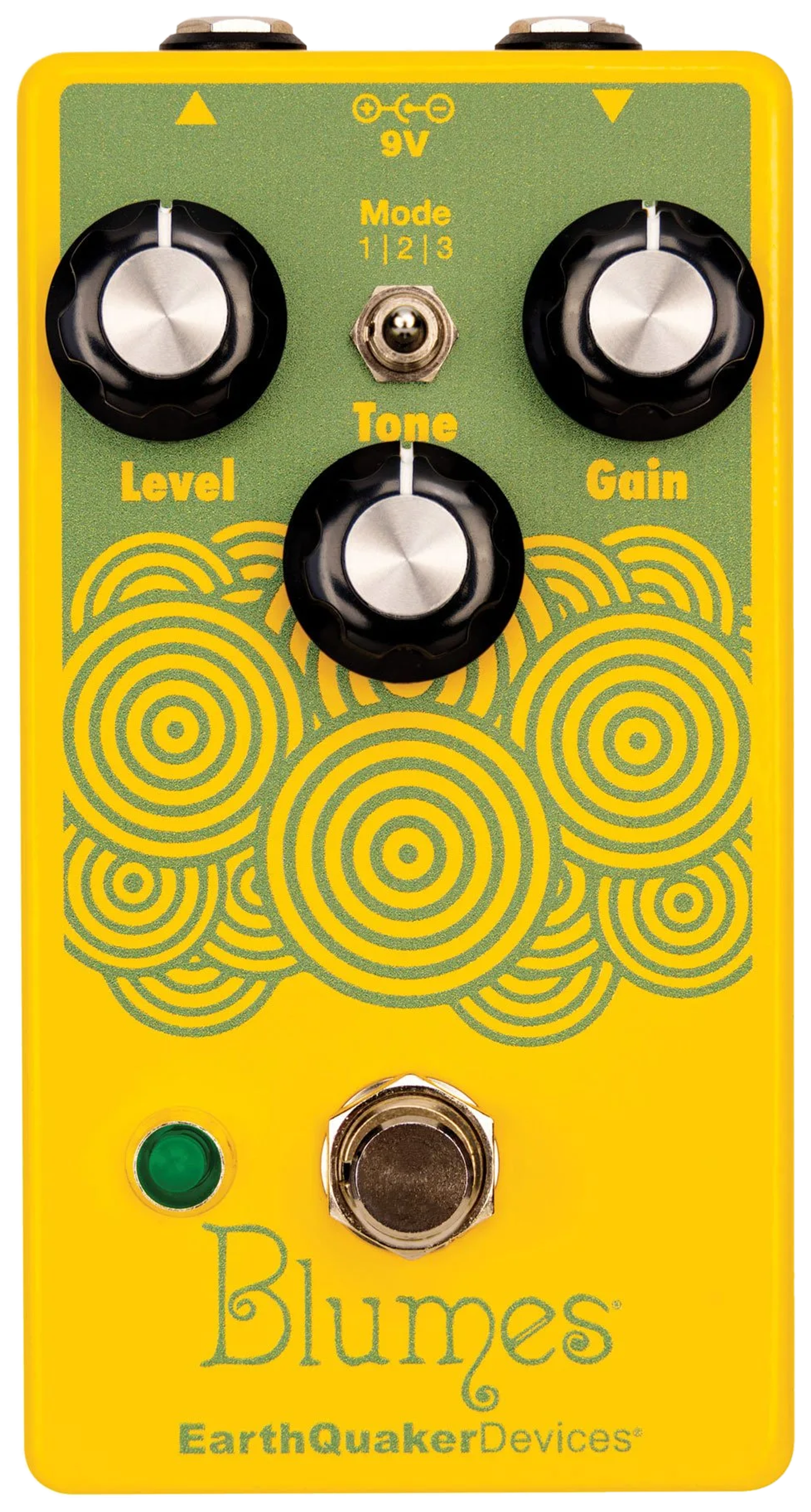 EarthQuaker Devices Blumes, top-down view, yellow enclosure with green concentric circles, Level Tone Gain knobs, Mode toggle