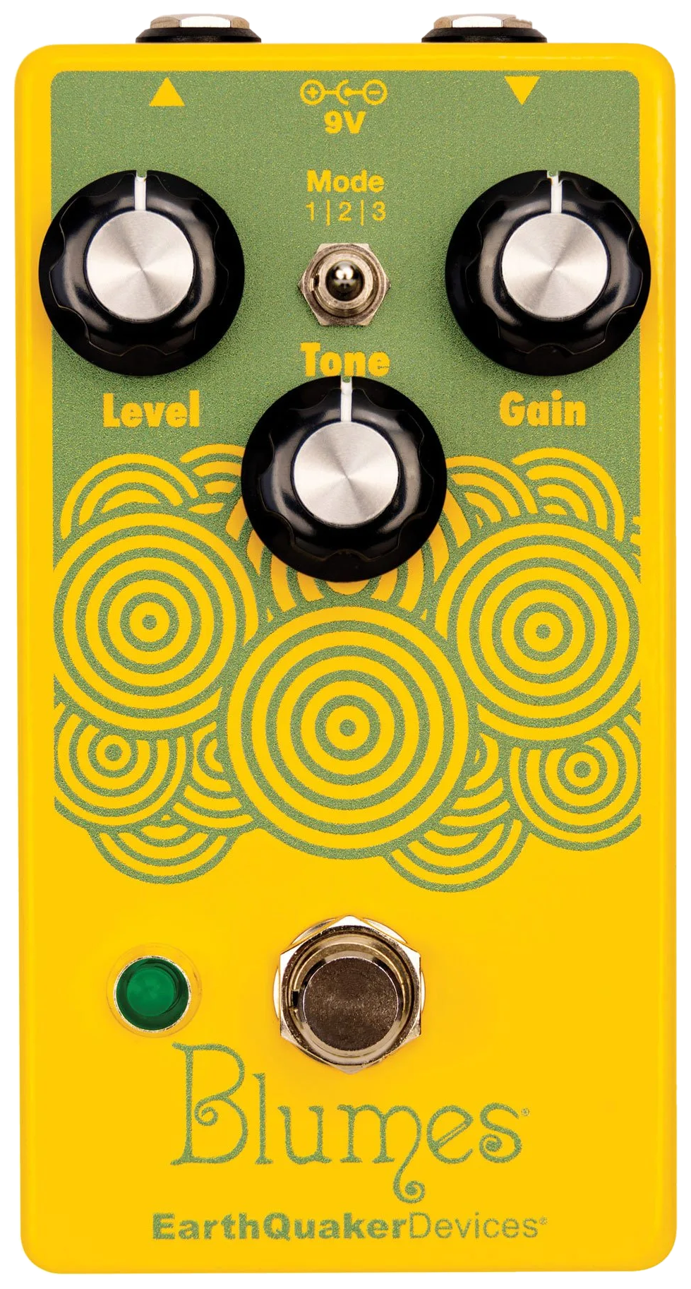 EarthQuaker Devices Blumes, top-down view, yellow enclosure with green concentric circles, Level Tone Gain knobs, Mode toggle