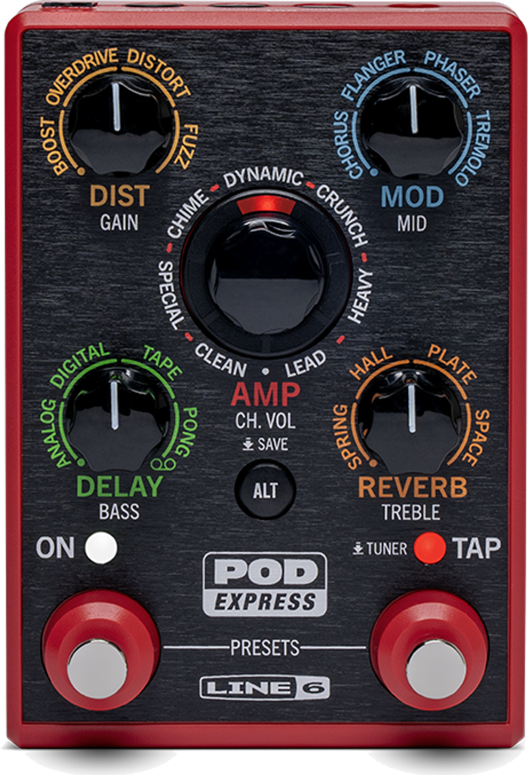 Line 6 POD Express Guitar, top view, red enclosure, central AMP encoder, ON and TAP footswitches