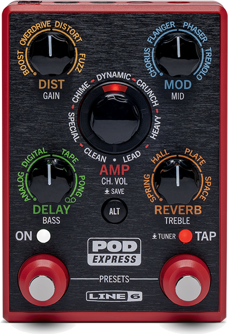 Line 6 POD Express Guitar, top view, red enclosure, central AMP encoder, ON and TAP footswitches