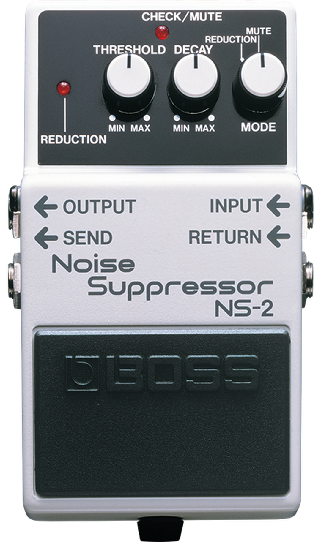 BOSS NS-2 Noise Suppressor, top-down view, white compact enclosure, Threshold Decay Mode knobs, Send Return jacks