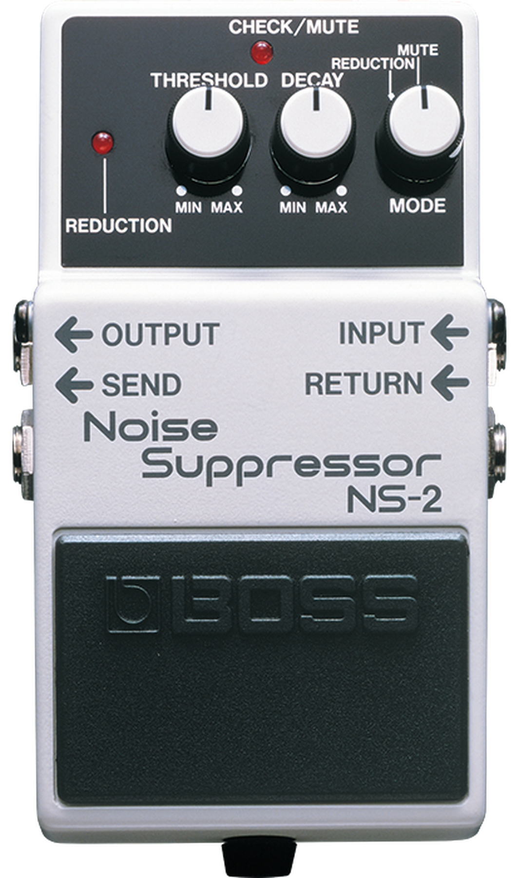 BOSS NS-2 Noise Suppressor, top-down view, white compact enclosure, Threshold Decay Mode knobs, Send Return jacks