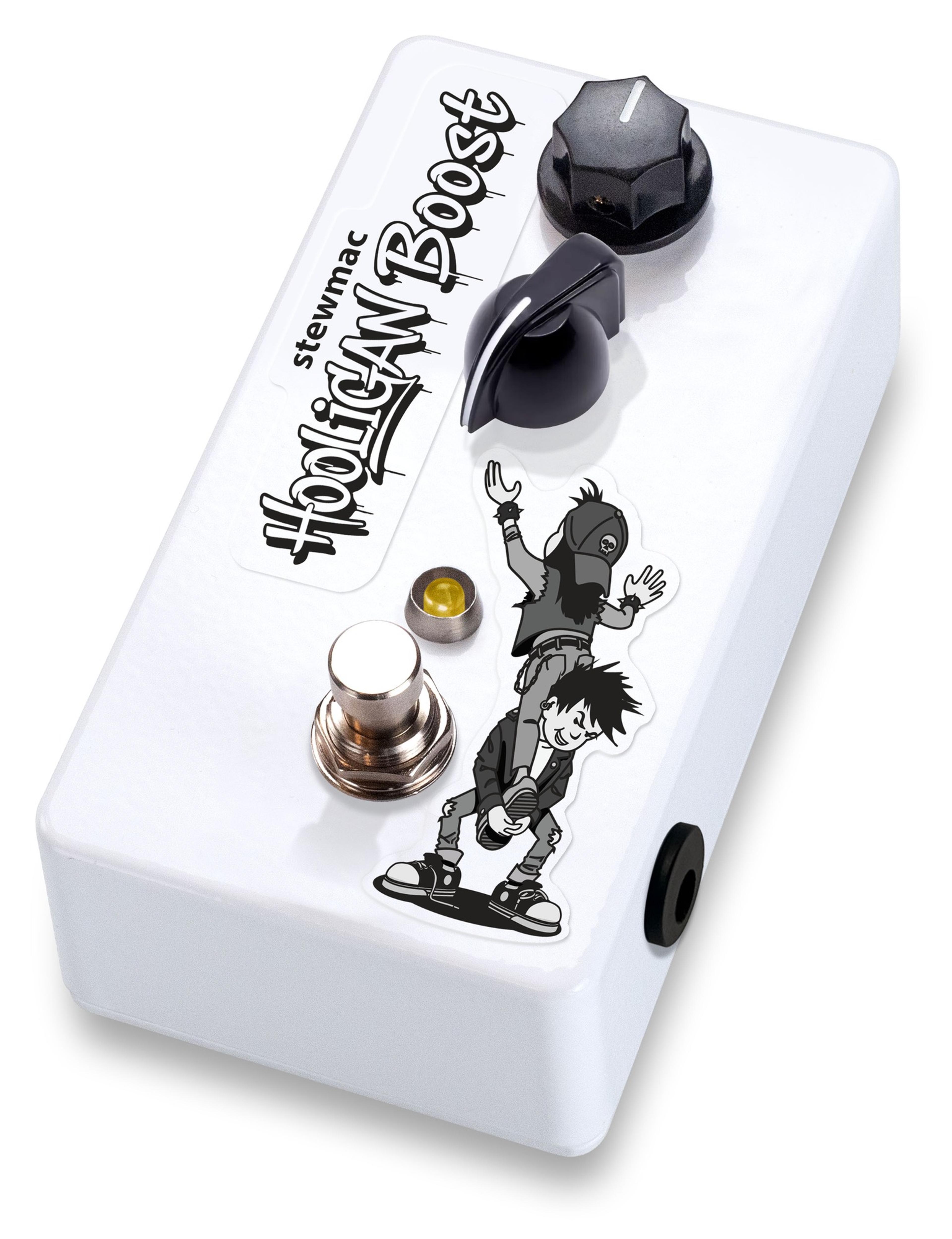 StewMac Hooligan Boost white enclosure packshot, HOOLIGAN BOOST graffiti lettering, Range and Volume knobs, comic artwork