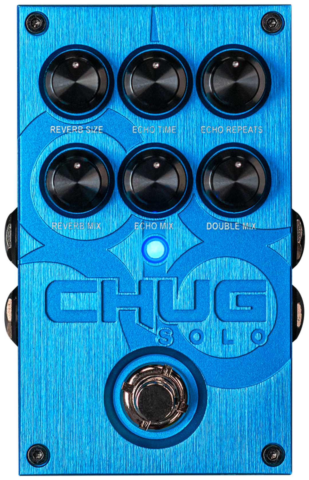 Solar Guitars Chug Solo, top-down view, blue enclosure, Reverb Size, Echo Time, Echo Repeats, Reverb Mix, Echo Mix and Double Mix knobs, single footswitch
