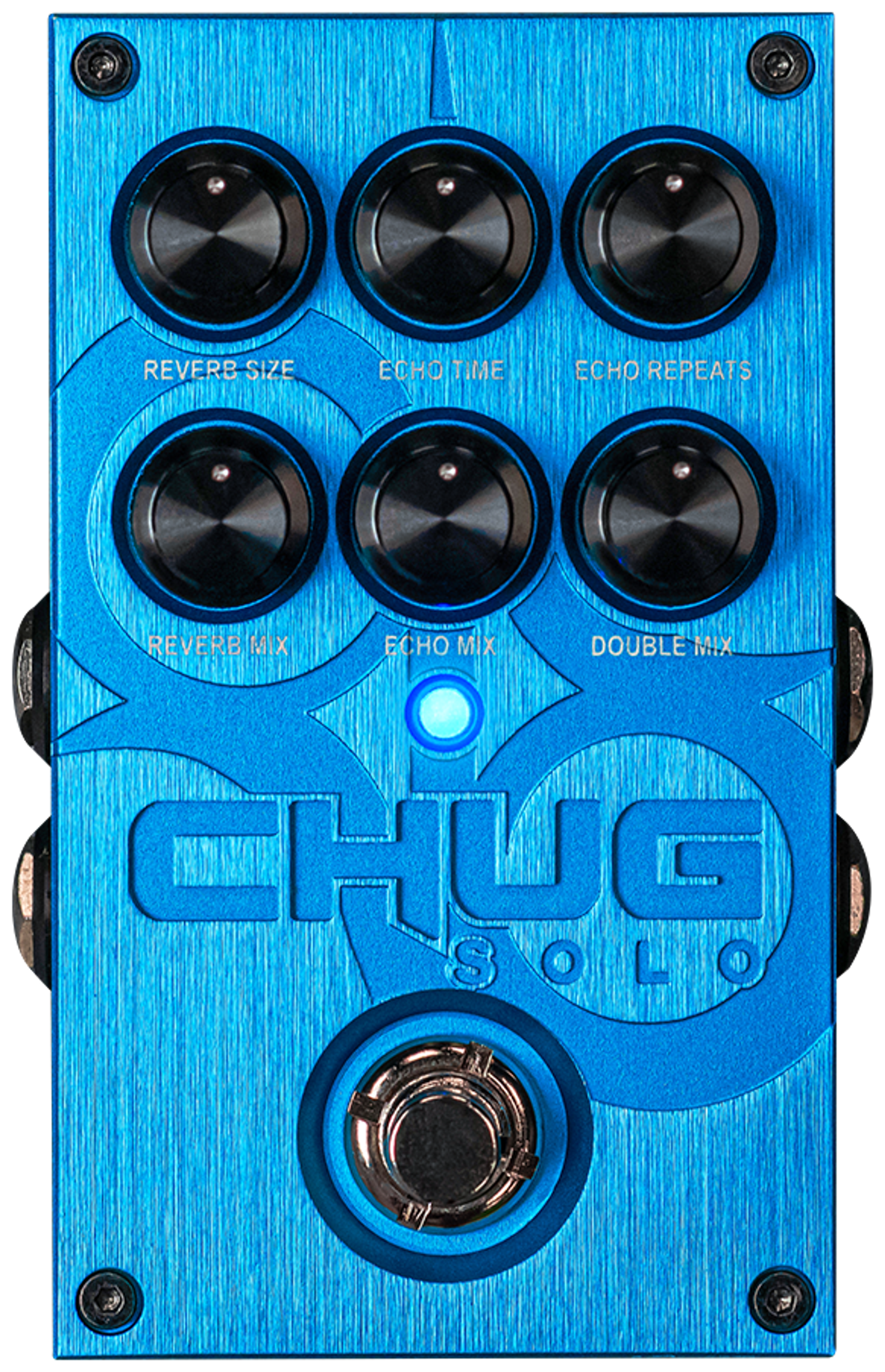 Solar Guitars Chug Solo, top-down view, blue enclosure, Reverb Size, Echo Time, Echo Repeats, Reverb Mix, Echo Mix and Double Mix knobs, single footswitch