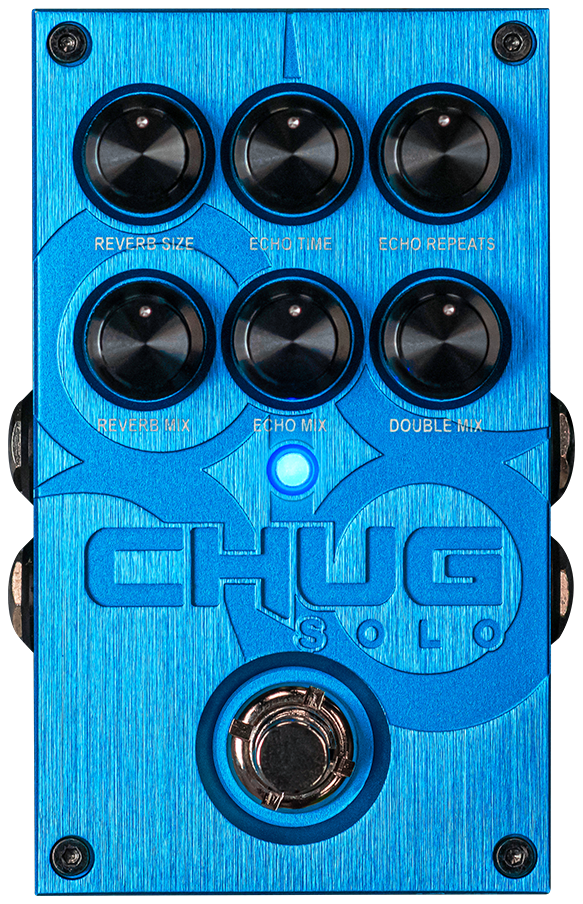 Solar Guitars Chug Solo, top-down view, blue enclosure, Reverb Size, Echo Time, Echo Repeats, Reverb Mix, Echo Mix and Double Mix knobs, single footswitch
