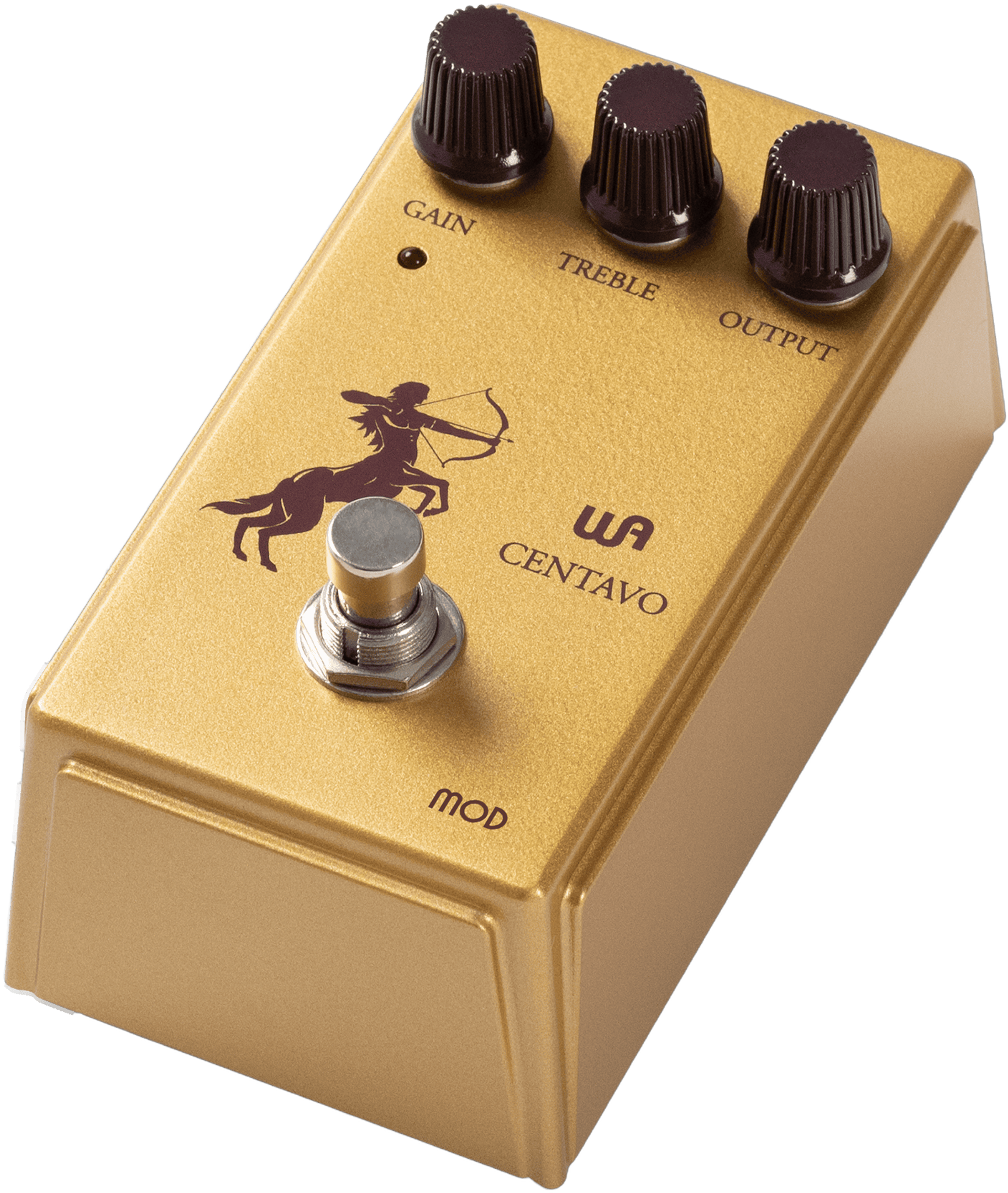Warm Audio Centavo Mod, three-quarter packshot, gold enclosure, Gain Treble Output knobs, centaur graphic