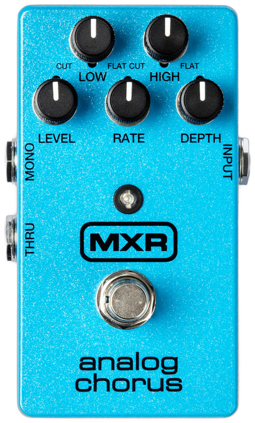 MXR M234 Analog Chorus, top-down view, light blue enclosure, five black knobs, Mono and Thru jacks