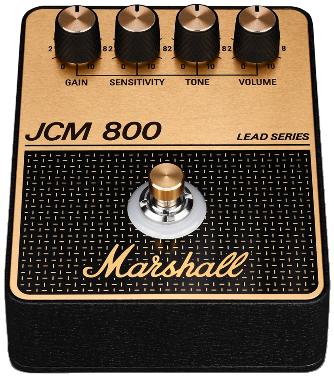 Marshall JCM800 Distortion, front-elevated view, gold top plate, JCM 800 Lead Series lettering, four knobs
