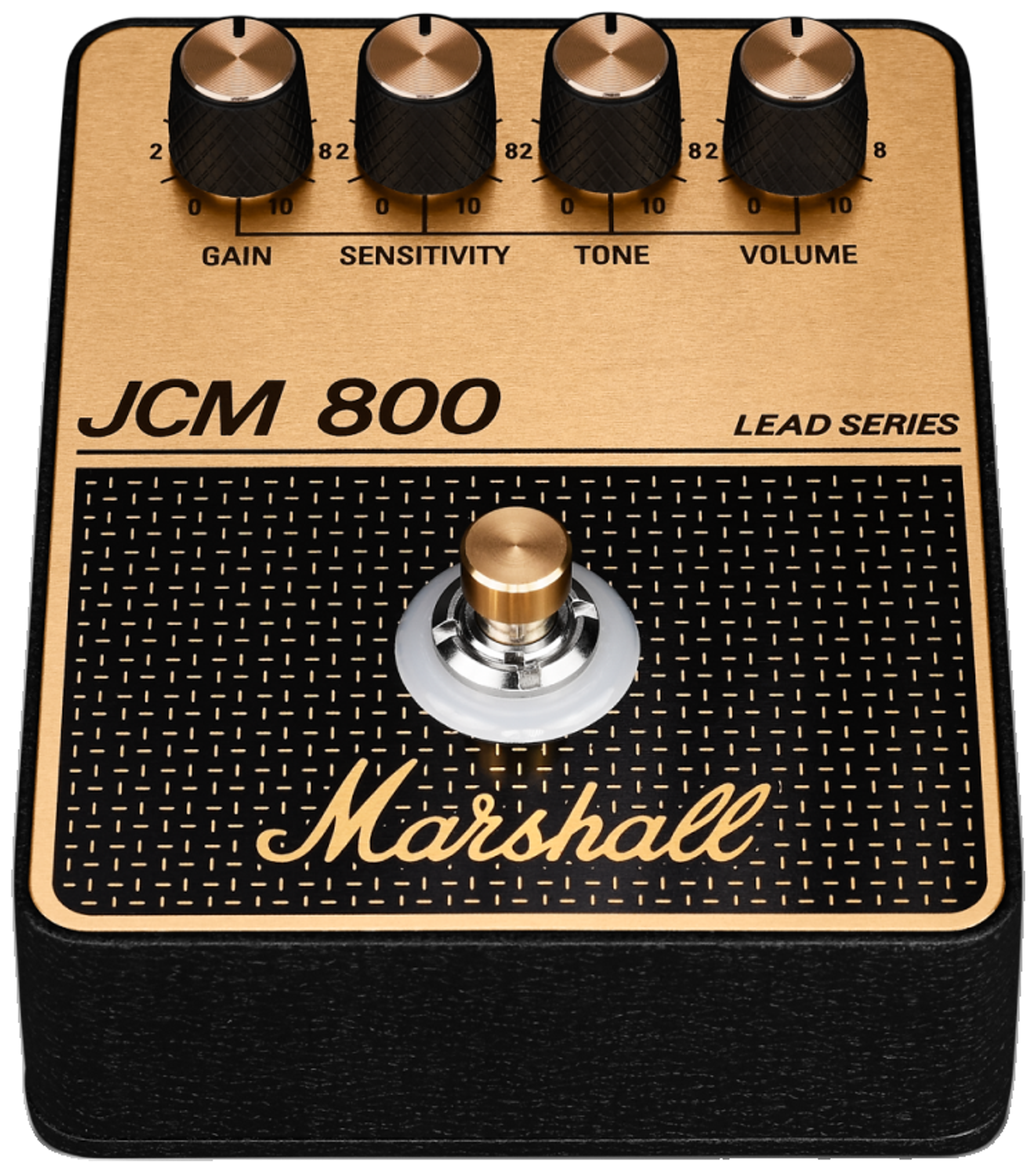 Marshall JCM800 Distortion, front-elevated view, gold top plate, JCM 800 Lead Series lettering, four knobs