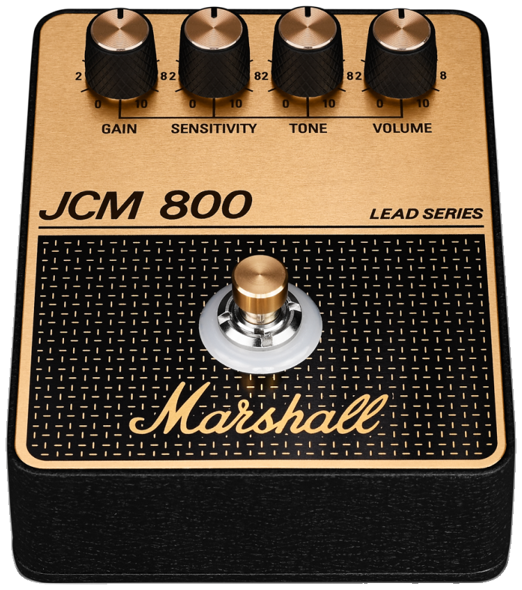 Marshall JCM800 Distortion, front-elevated view, gold top plate, JCM 800 Lead Series lettering, four knobs