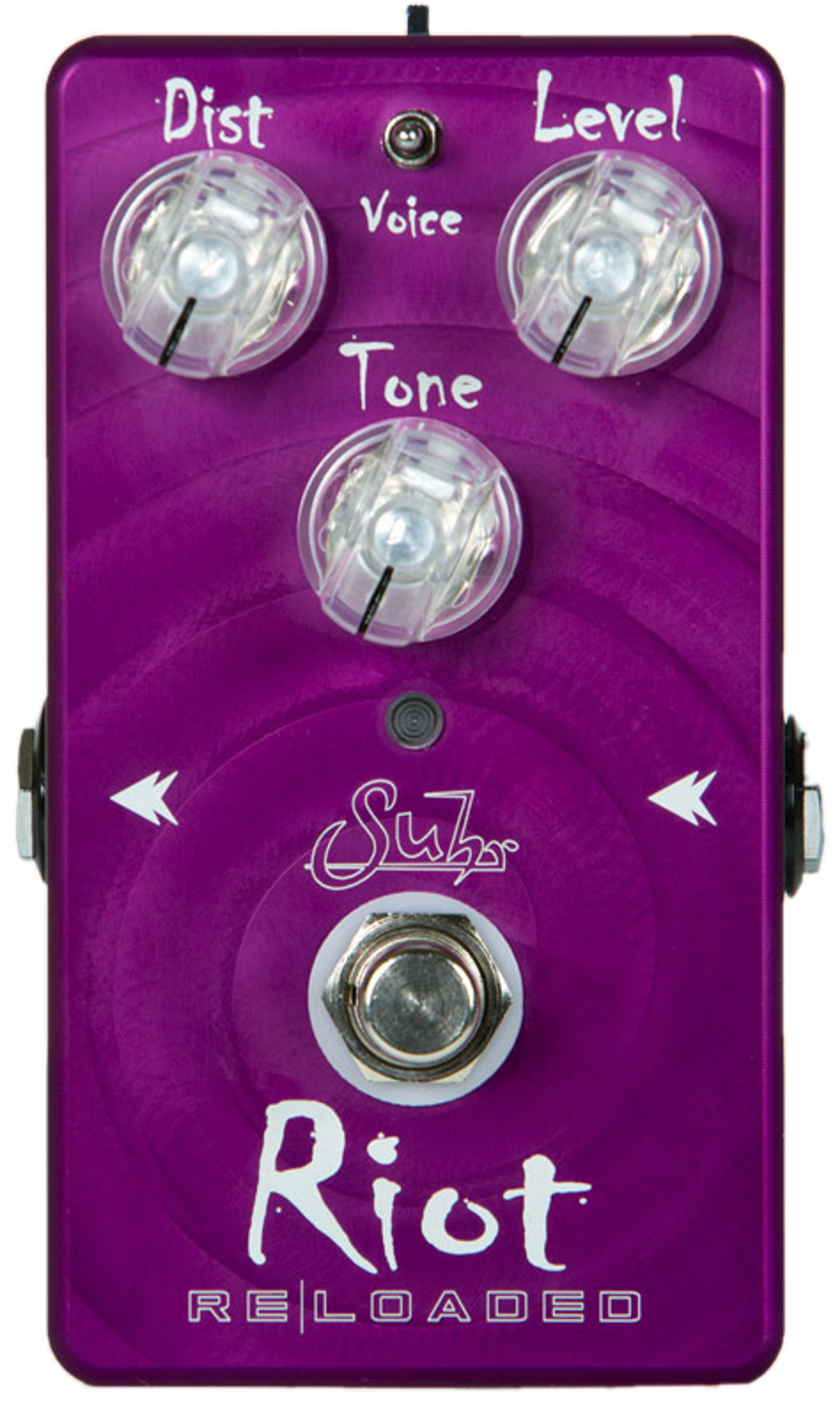 Suhr Riot Reloaded, front view, purple enclosure, Dist, Level and Tone knobs, Voice switch
