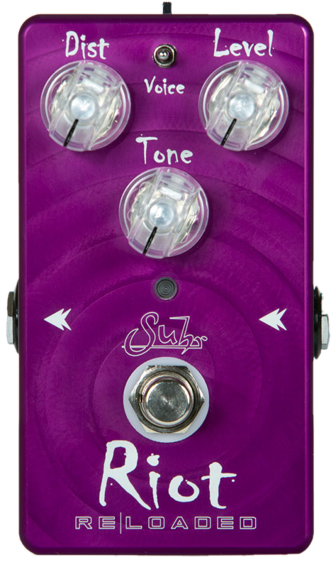 Suhr Riot Reloaded, front view, purple enclosure, Dist, Level and Tone knobs, Voice switch