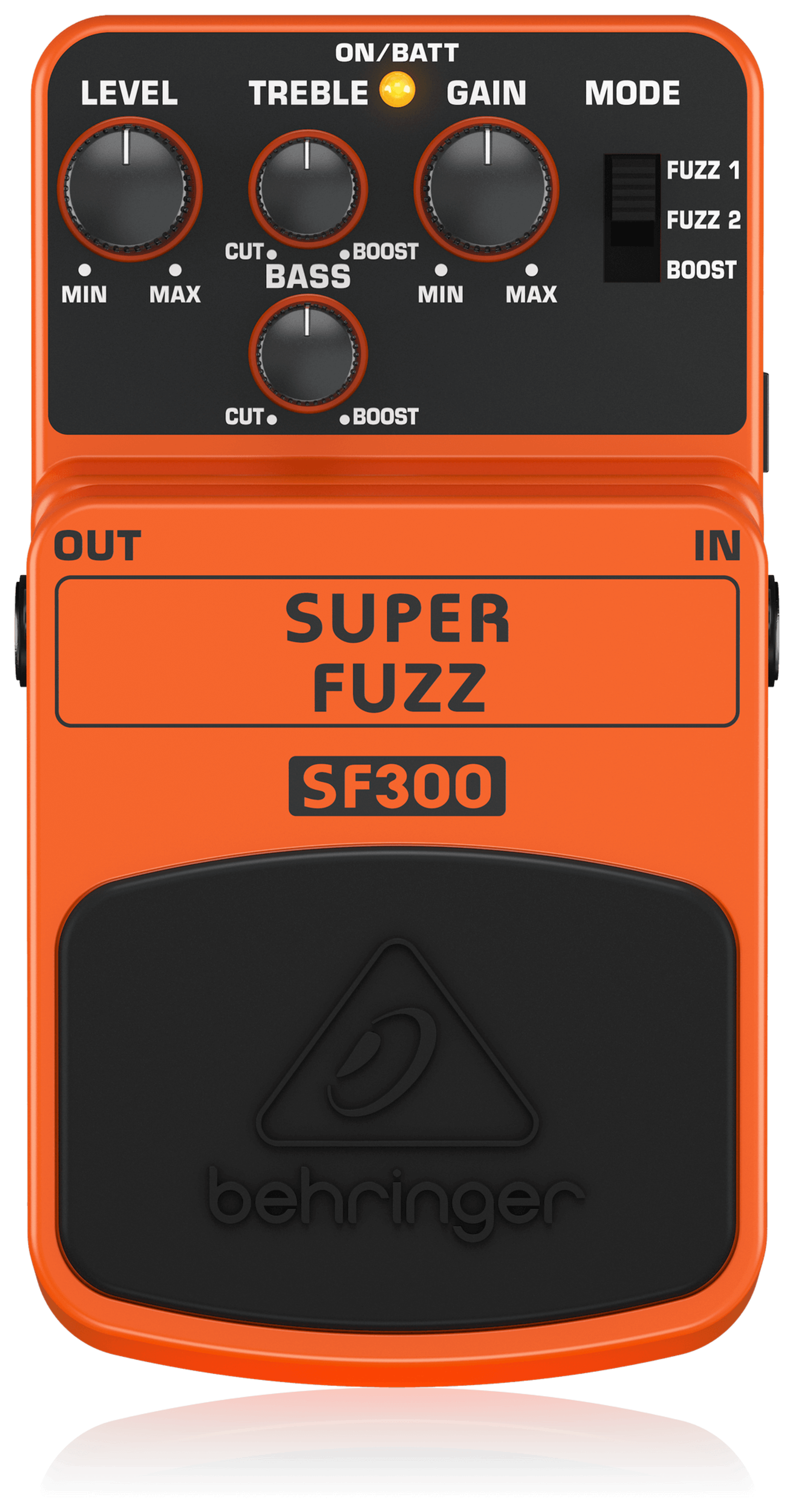 Behringer SF300 Super Fuzz, top-down view, orange housing, four black knobs, three-way Fuzz 1/Fuzz 2/Boost switch