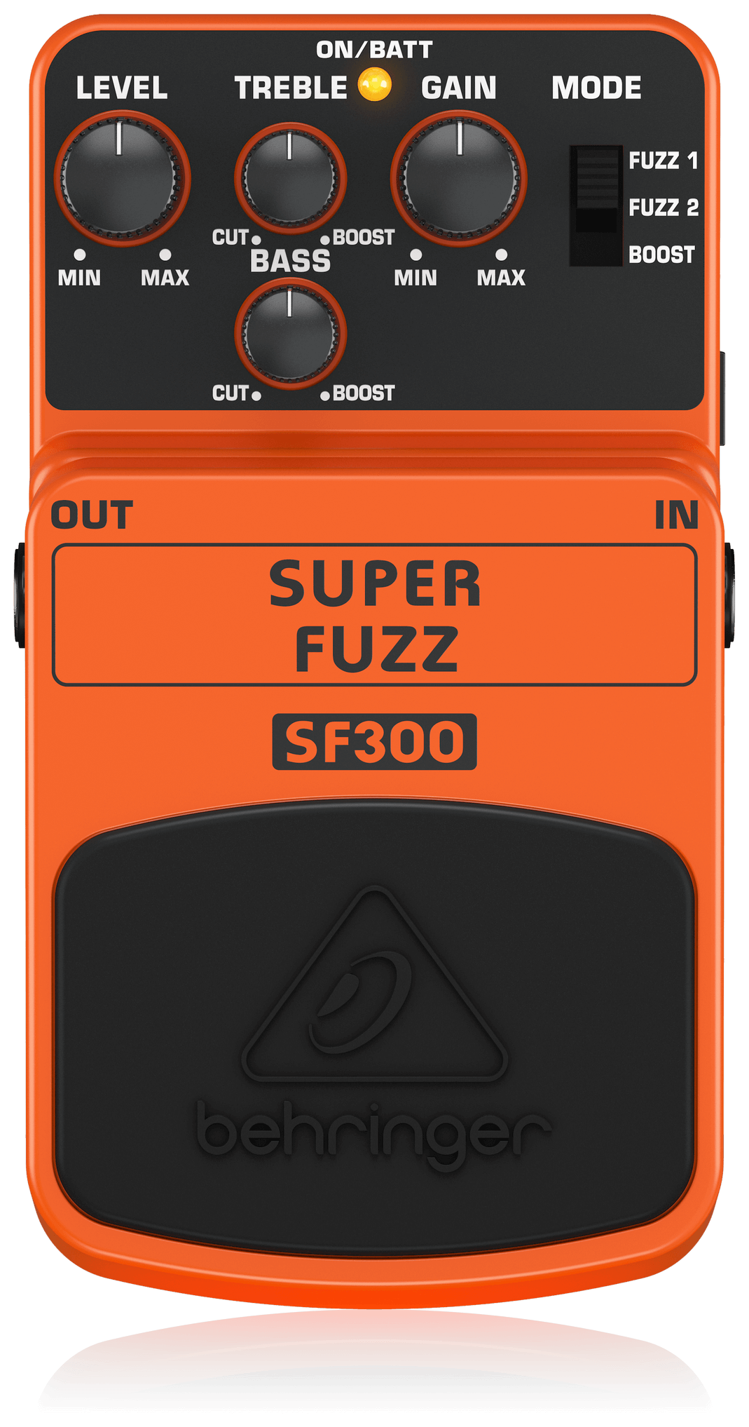 Behringer SF300 Super Fuzz, top-down view, orange housing, four black knobs, three-way Fuzz 1/Fuzz 2/Boost switch