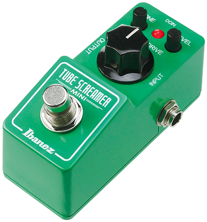 Ibanez TSMINI Tube Screamer Mini, three-quarter view, green mini enclosure, large black Drive knob, red LED