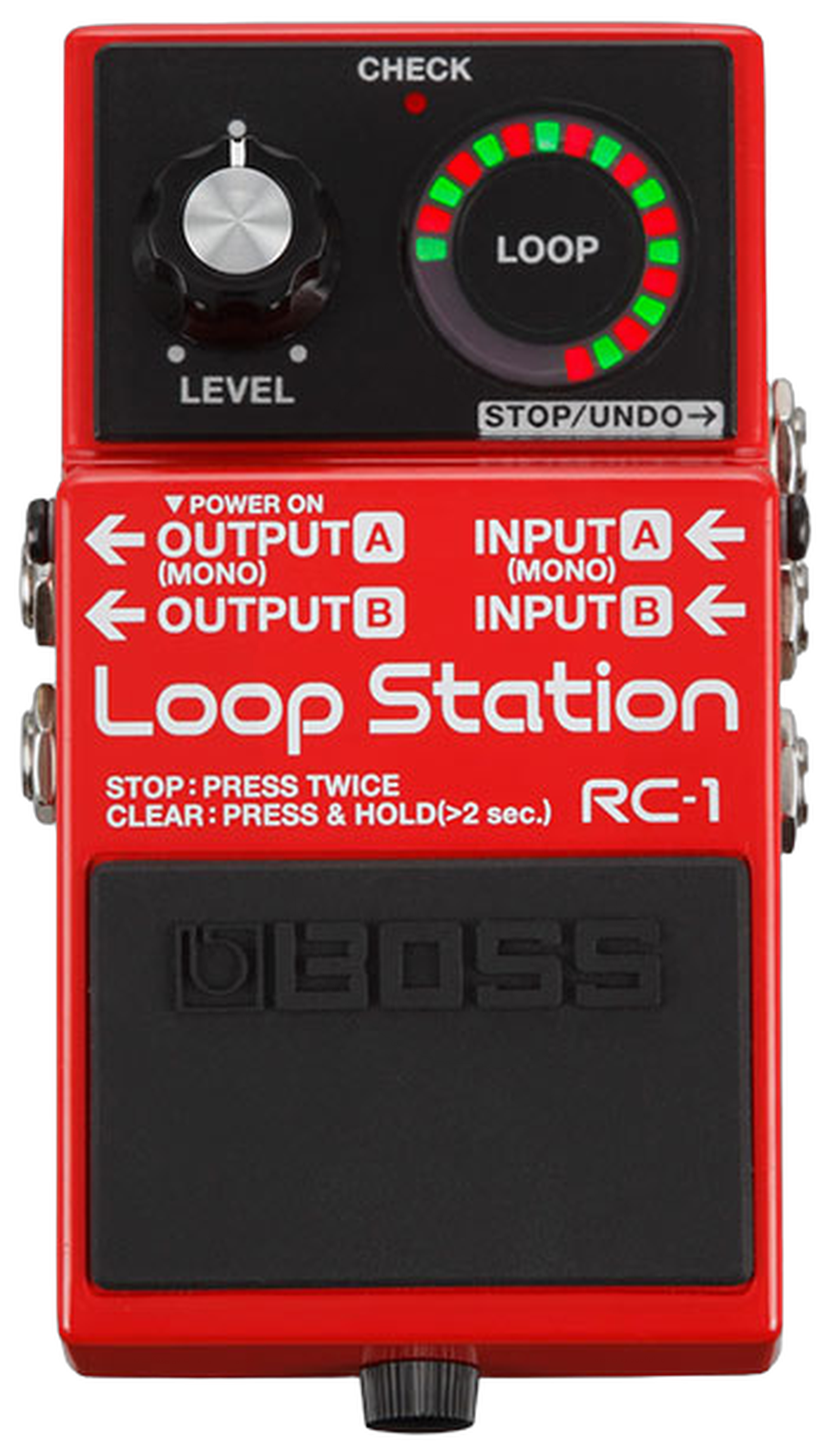 BOSS RC-1 Loop Station, top-down view, red compact with Level knob and circular LOOP LED