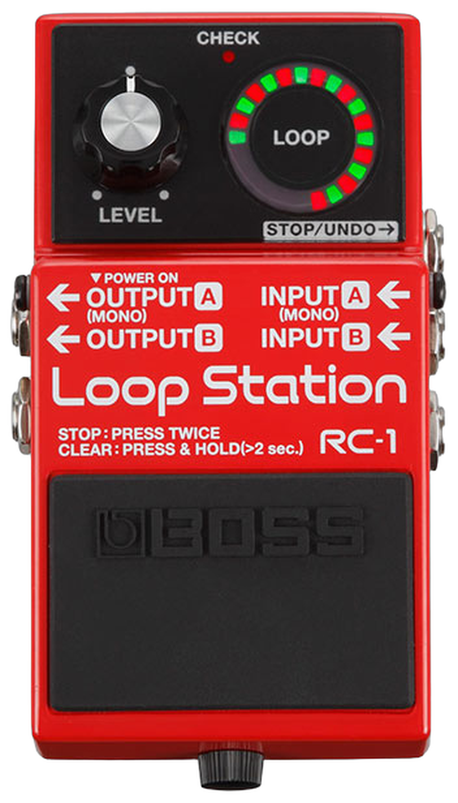 BOSS RC-1 Loop Station, top-down view, red compact with Level knob and circular LOOP LED