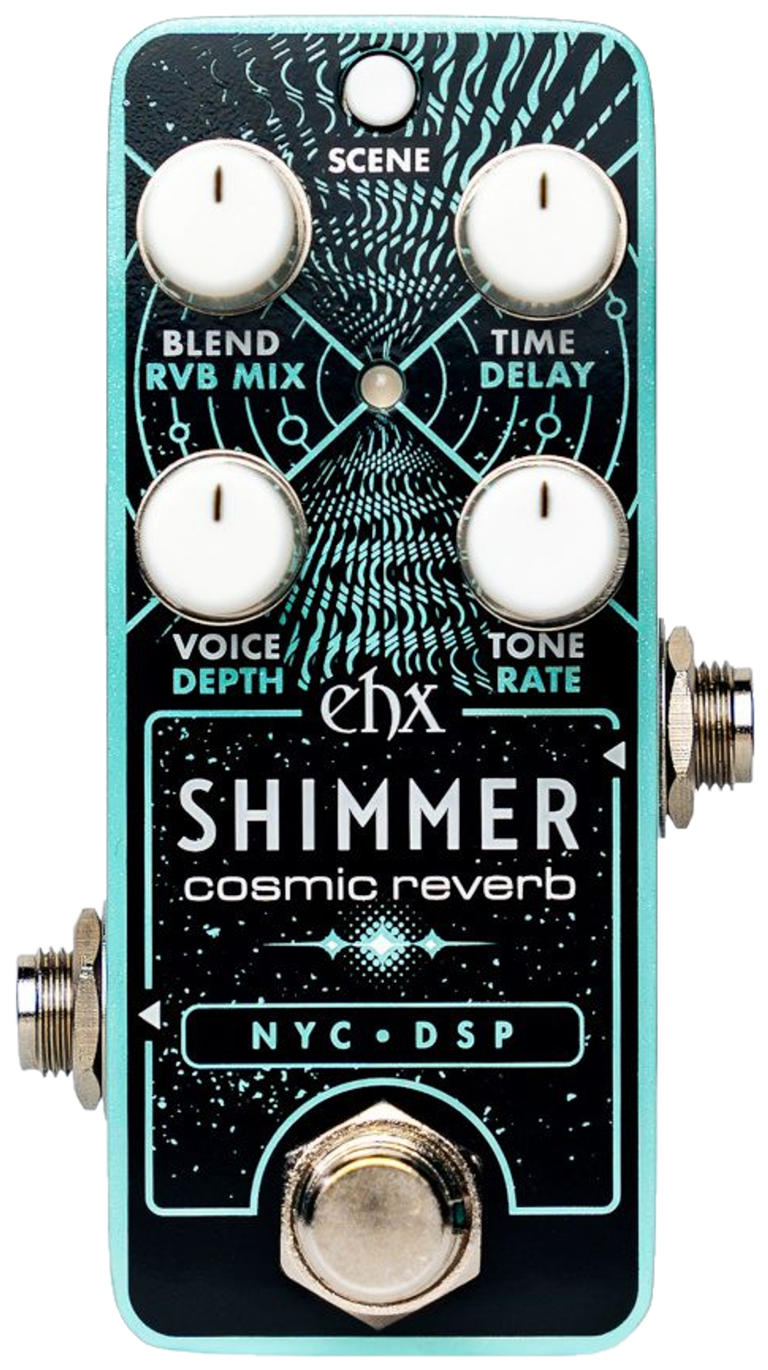 Electro-Harmonix Pico Shimmer, top-down view, black and turquoise enclosure, four white knobs, Scene button, NYC DSP panel