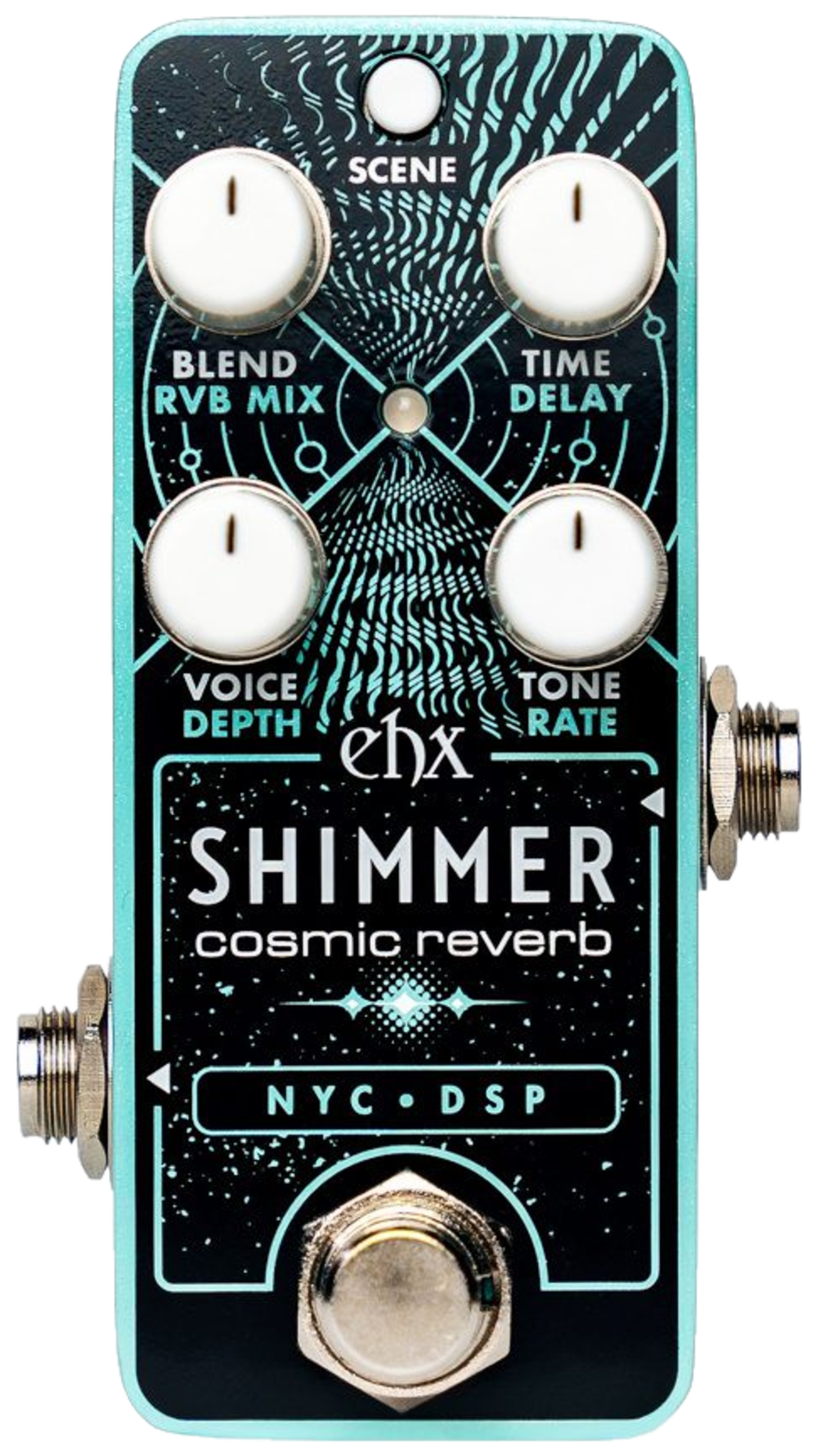 Electro-Harmonix Pico Shimmer, top-down view, black and turquoise enclosure, four white knobs, Scene button, NYC DSP panel
