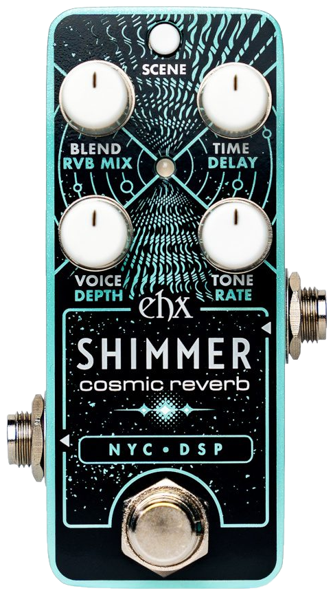 Electro-Harmonix Pico Shimmer, top-down view, black and turquoise enclosure, four white knobs, Scene button, NYC DSP panel