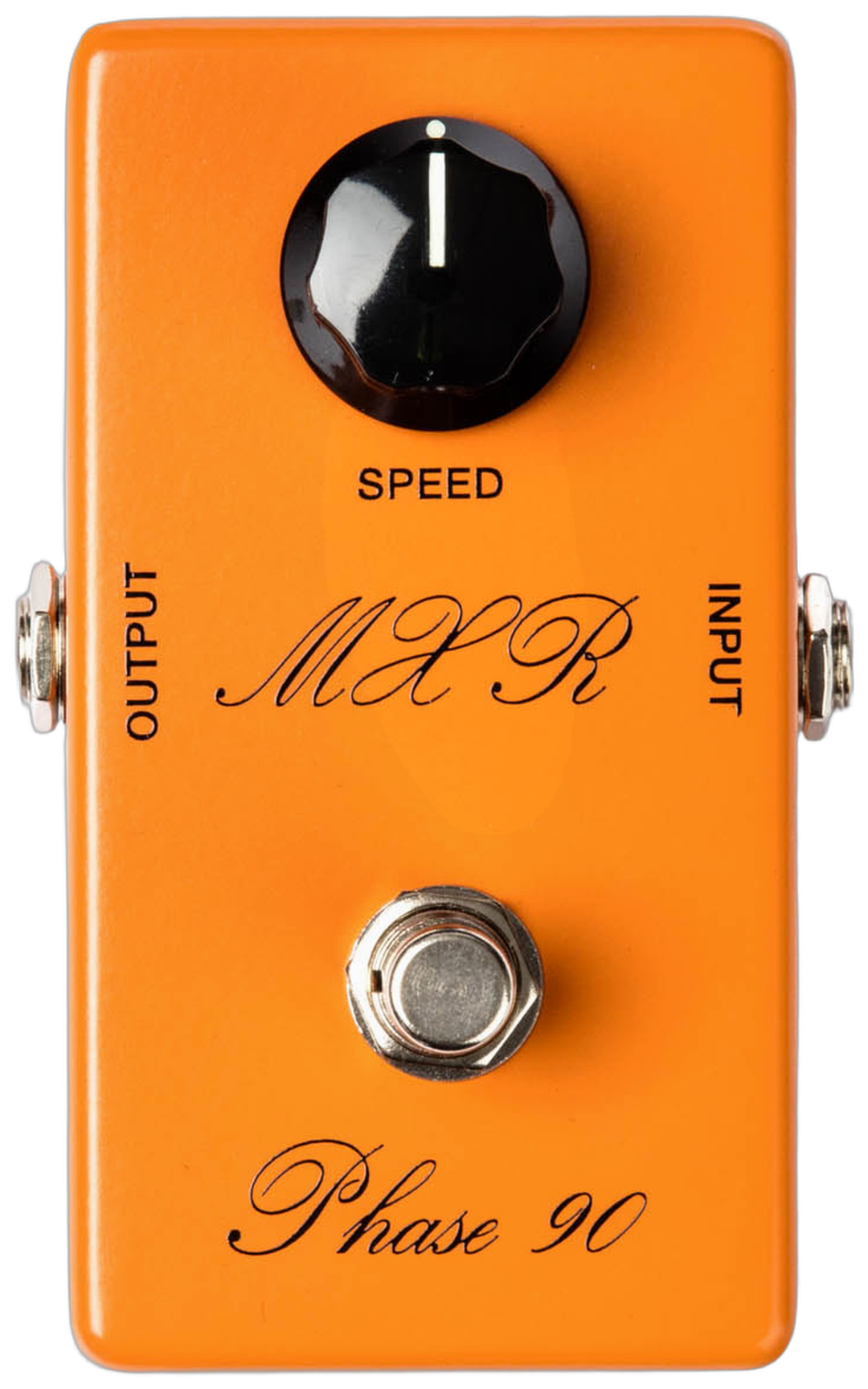 MXR '74 Vintage Phase 90 CSP026, top-down view, orange enclosure, black Speed knob, script MXR and Phase 90 logos, no status LED