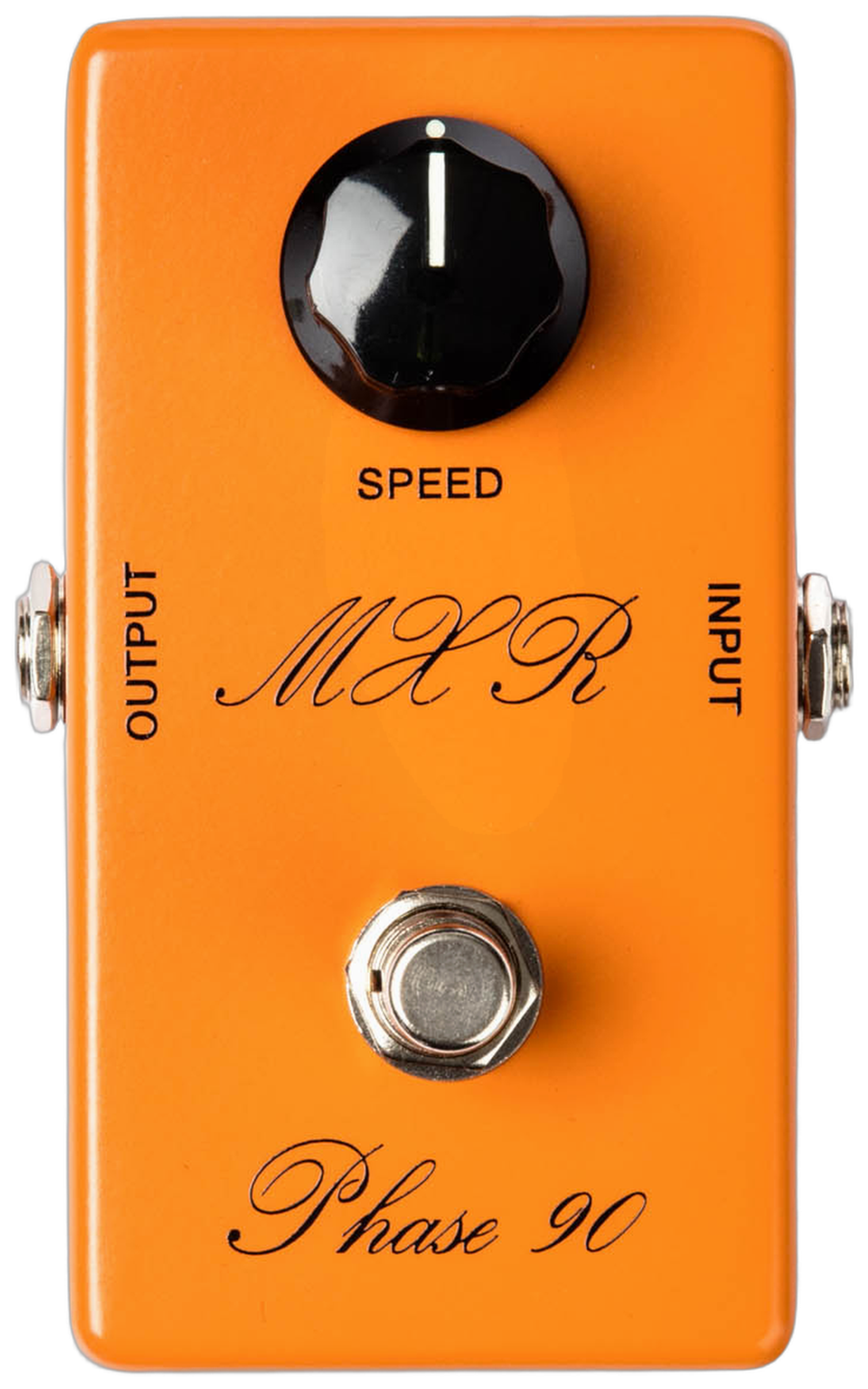MXR '74 Vintage Phase 90 CSP026, top-down view, orange enclosure, black Speed knob, script MXR and Phase 90 logos, no status LED