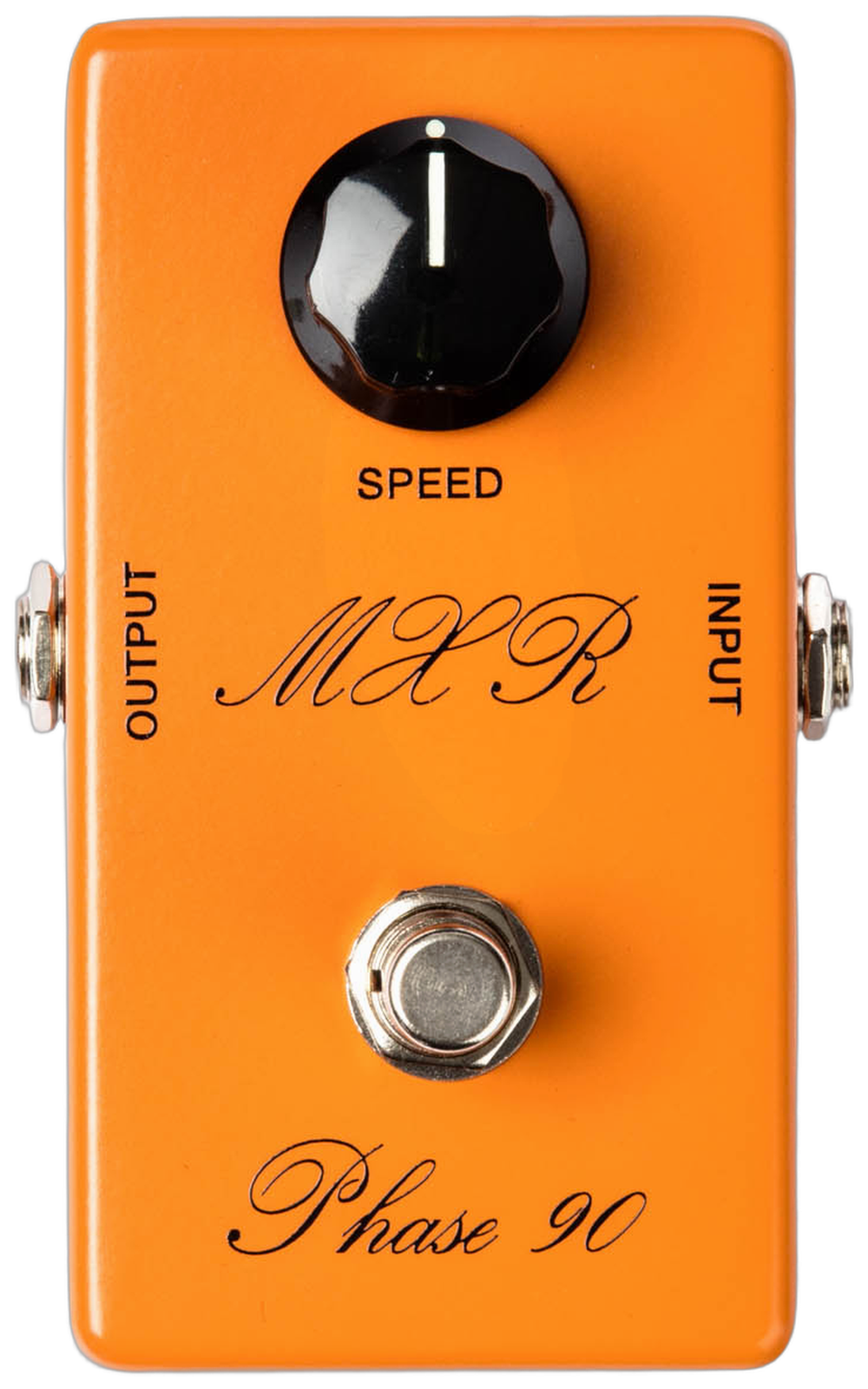 MXR '74 Vintage Phase 90 CSP026, top-down view, orange enclosure, black Speed knob, script MXR and Phase 90 logos, no status LED