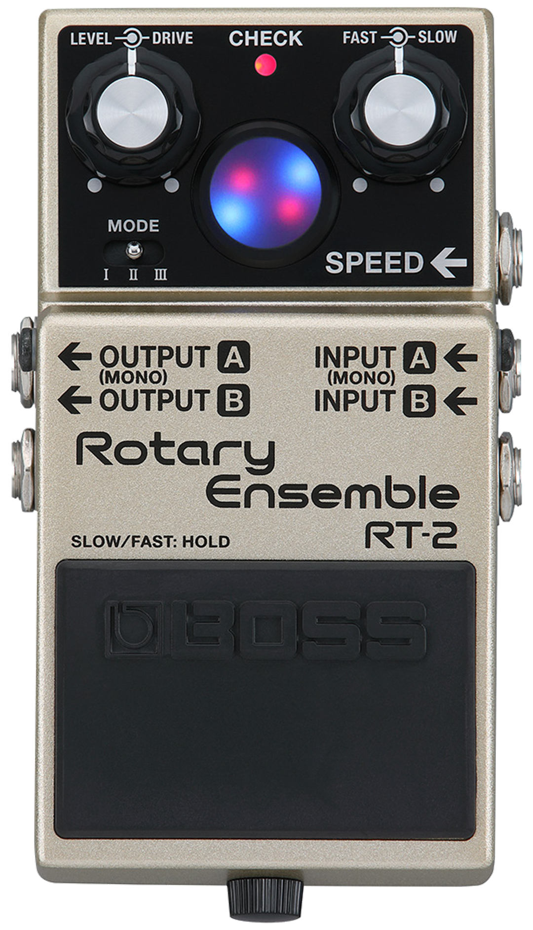BOSS RT-2 Rotary Ensemble, top-down, silver compact enclosure, virtual rotor display, stacked knobs