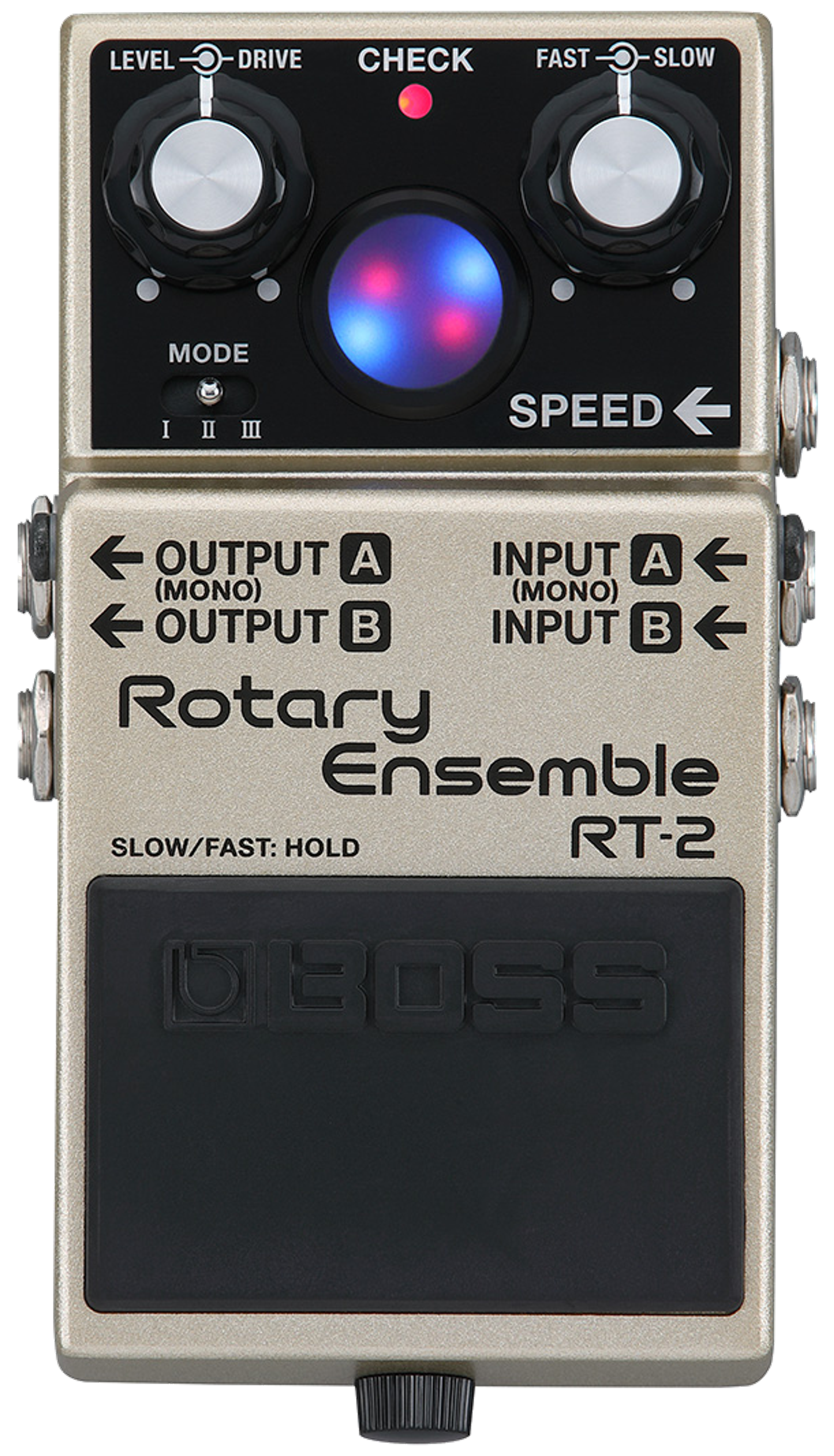BOSS RT-2 Rotary Ensemble, top-down, silver compact enclosure, virtual rotor display, stacked knobs