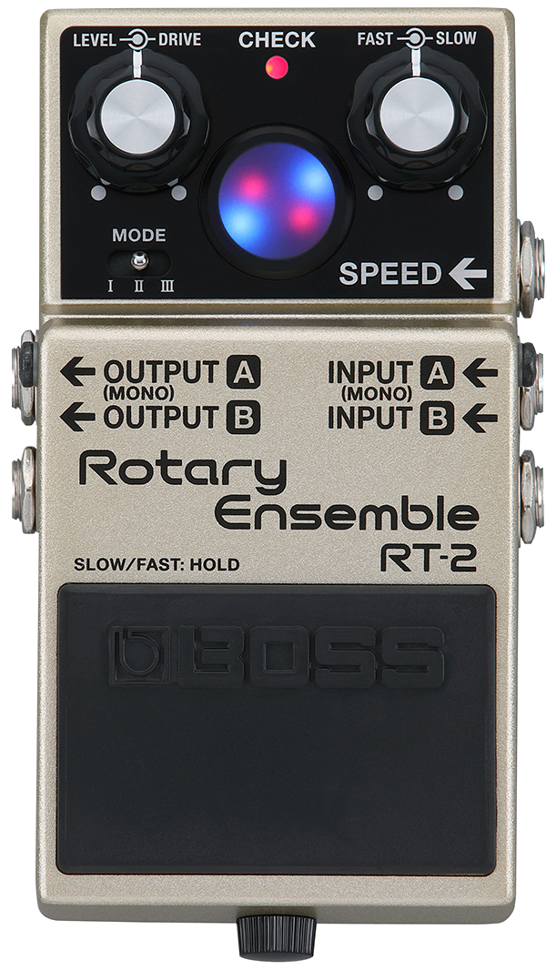 BOSS RT-2 Rotary Ensemble, top-down, silver compact enclosure, virtual rotor display, stacked knobs