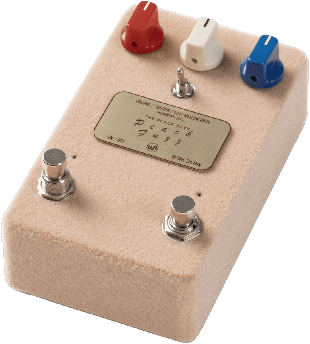 Warm Audio The Black Keys Peach Fuzz, three-quarter packshot, peach flocked enclosure, red white blue knobs