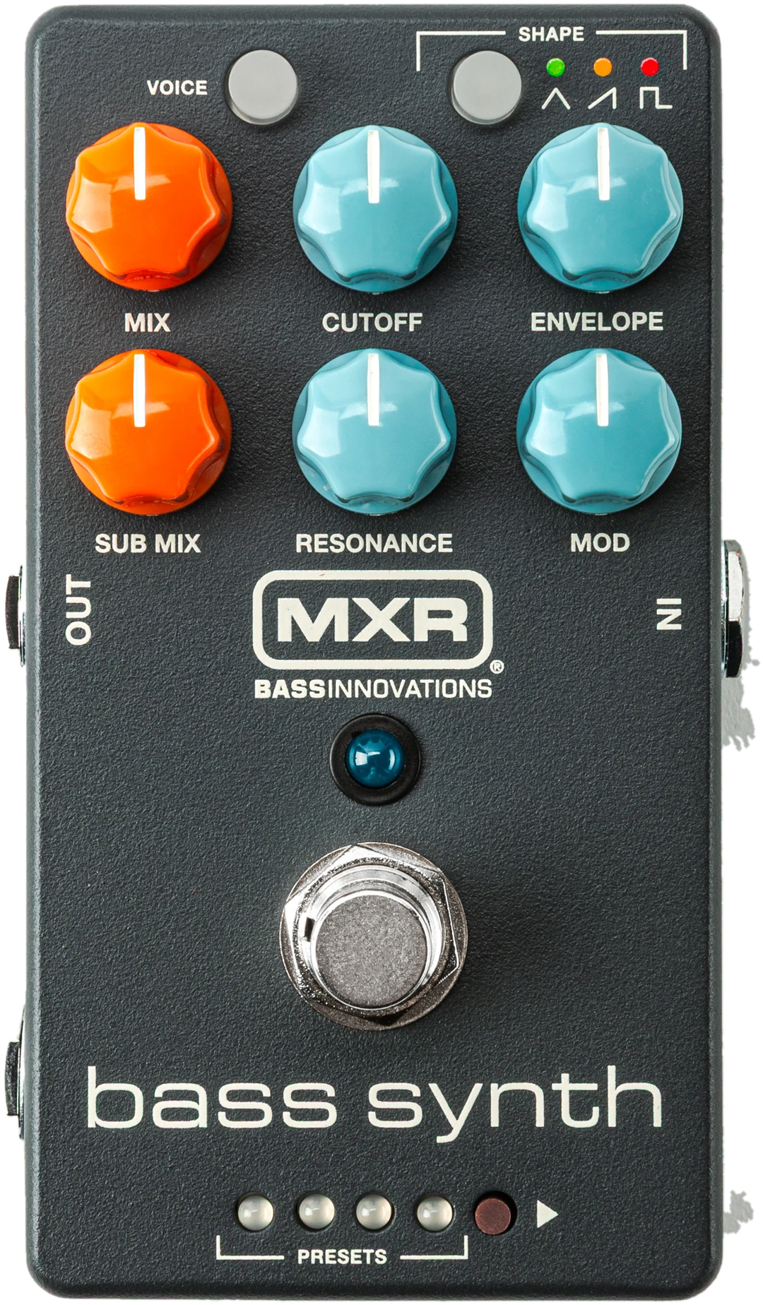 MXR Bass Synth MB301, top view, black enclosure, orange and teal knobs, preset LEDs
