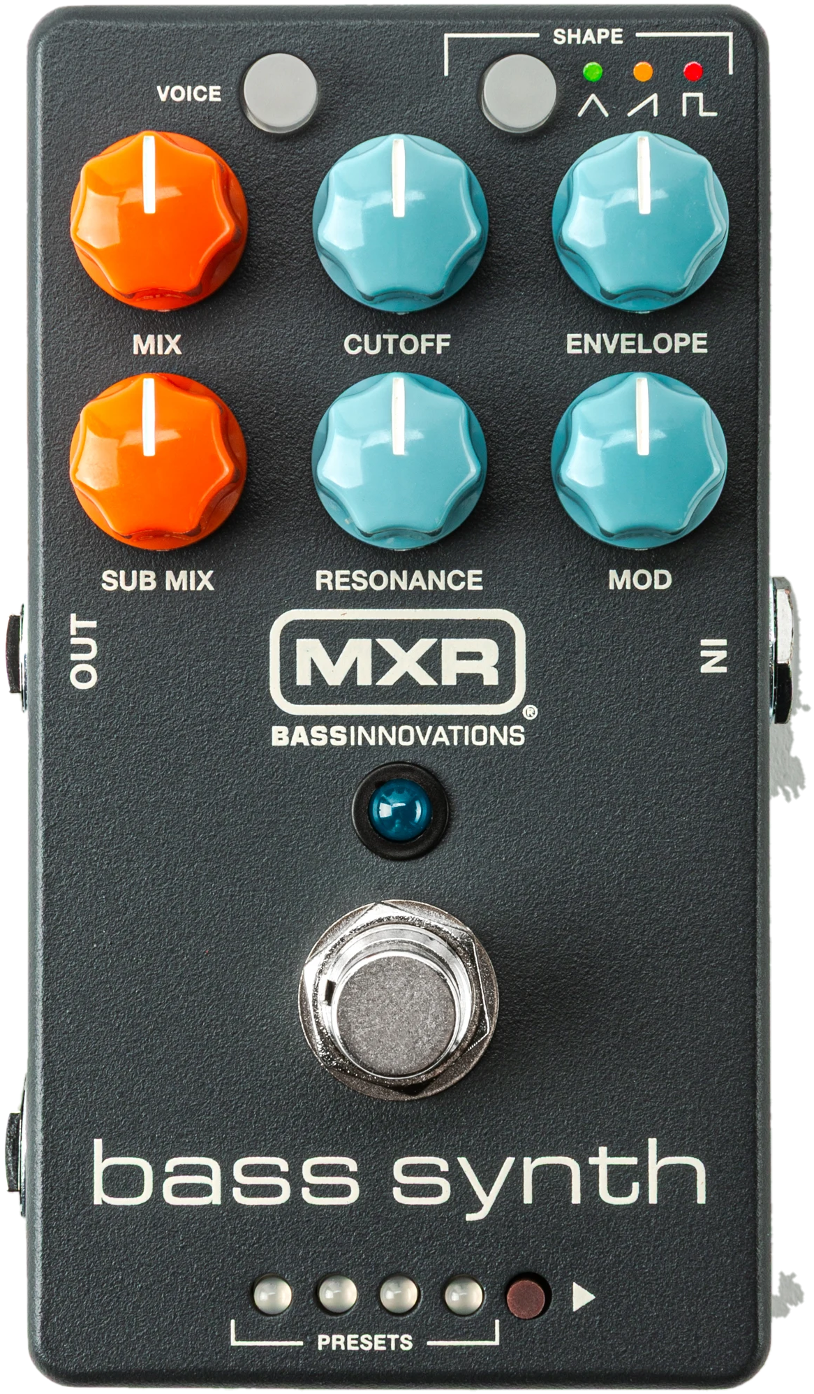 MXR Bass Synth MB301, top view, black enclosure, orange and teal knobs, preset LEDs