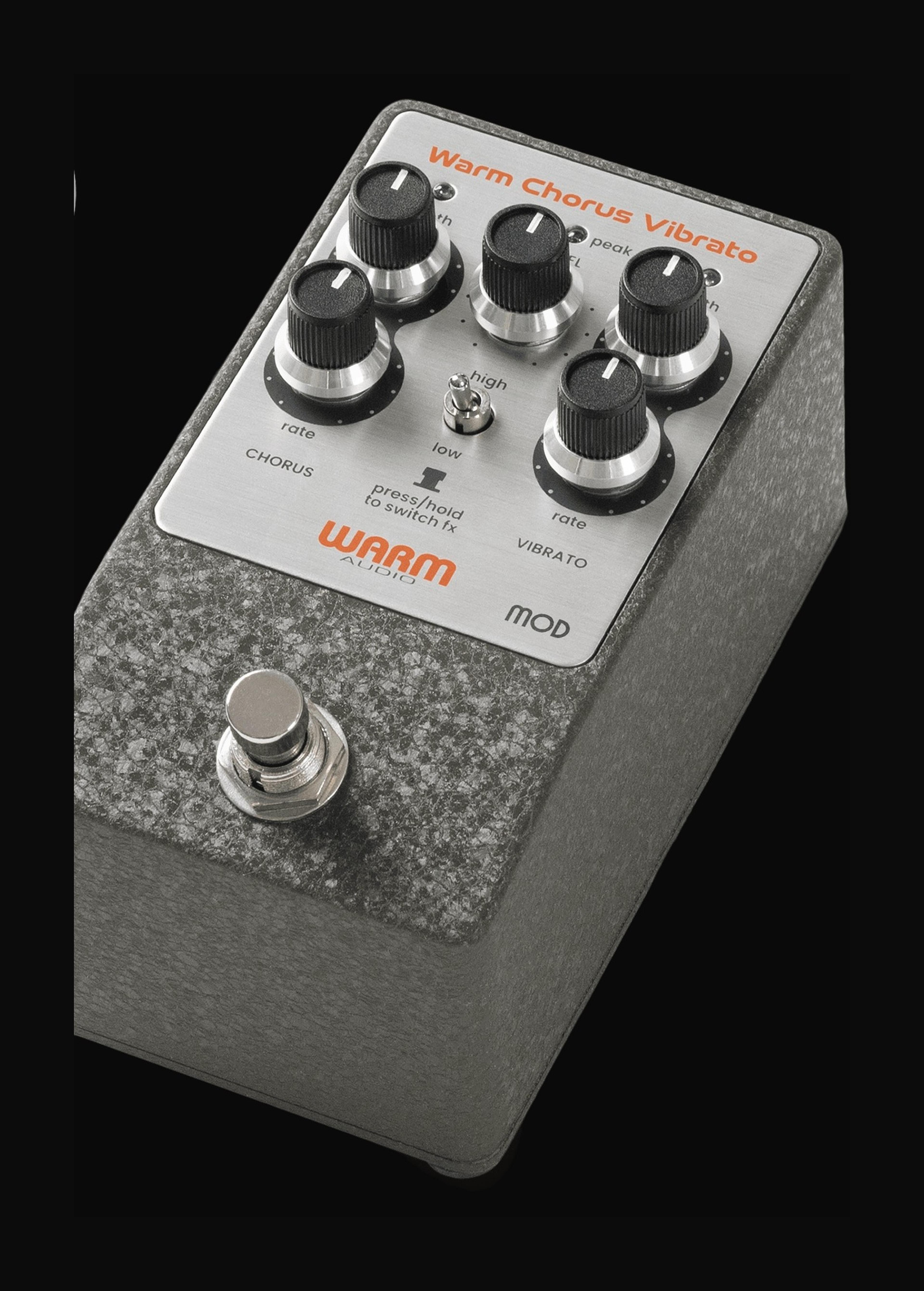 Warm Audio WA-C1 Mod chorus vibrato pedal, three-quarter view, hammered enclosure and silver faceplate