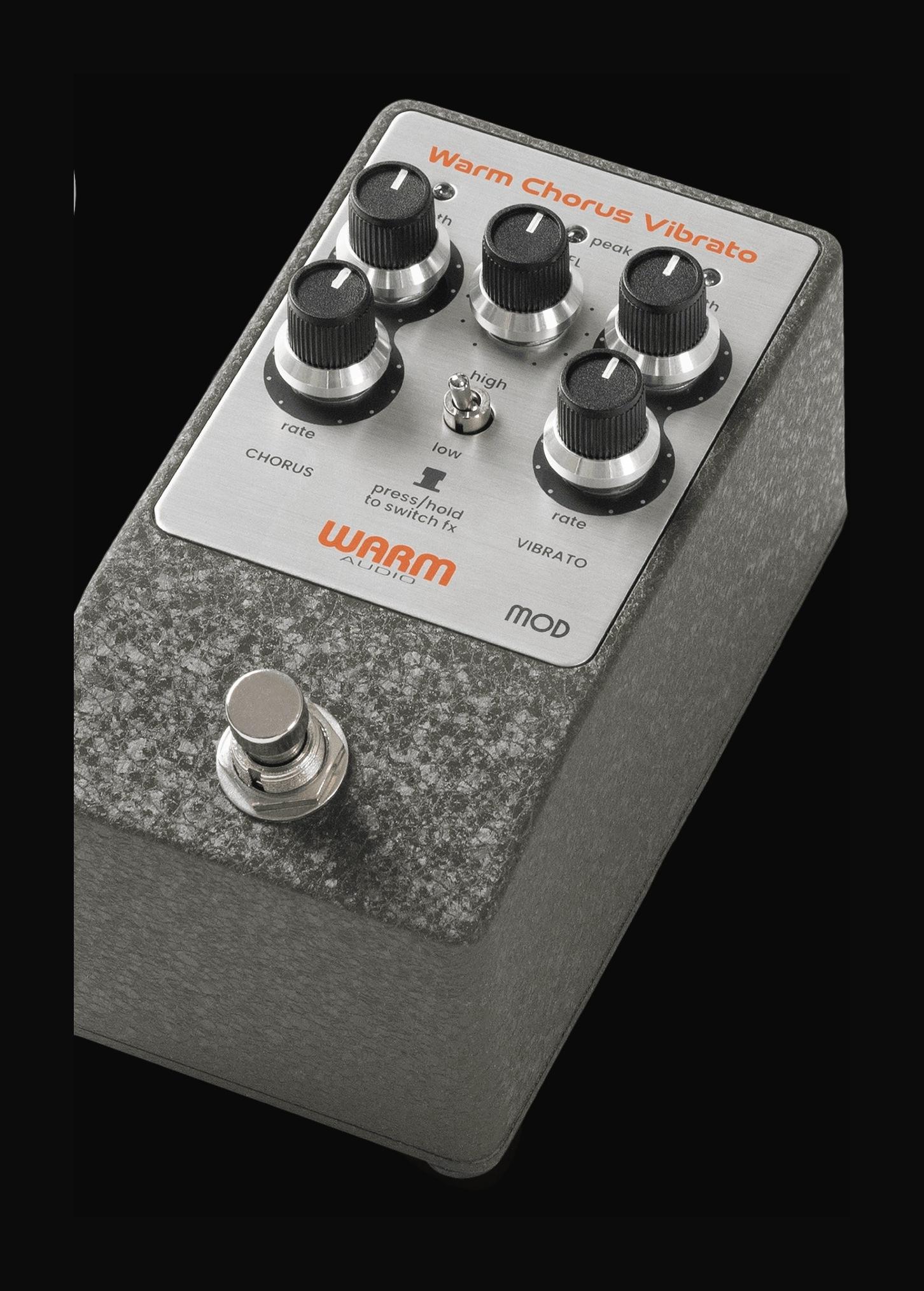Warm Audio WA-C1 Mod chorus vibrato pedal, three-quarter view, hammered enclosure and silver faceplate