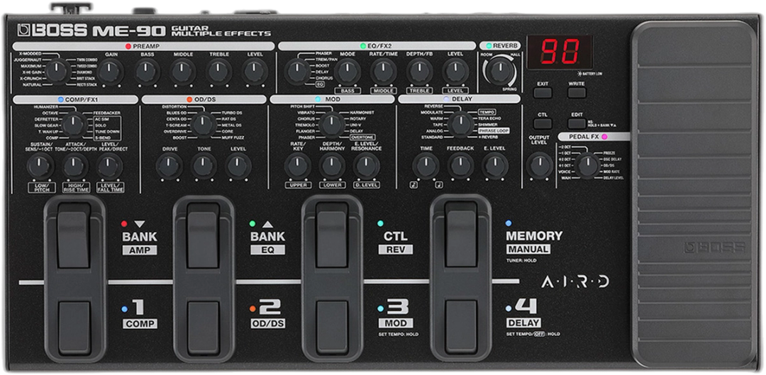 BOSS ME-90, top-down view, black chassis, eight footswitches, expression pedal, colour-coded amp and FX knobs