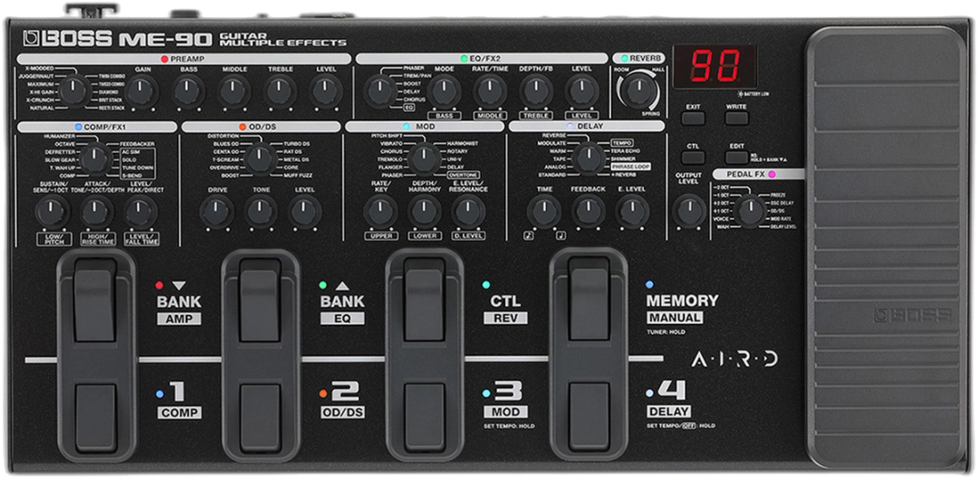 BOSS ME-90, top-down view, black chassis, eight footswitches, expression pedal, colour-coded amp and FX knobs