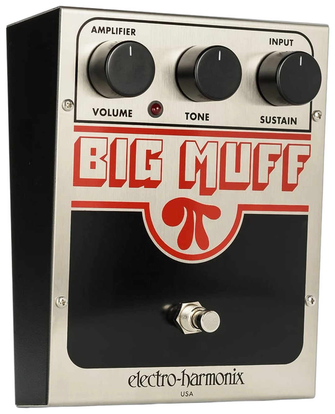Electro-Harmonix Big Muff Pi, three-quarter view, brushed NYC large-box enclosure, Volume Tone Sustain knobs, red Pi logo