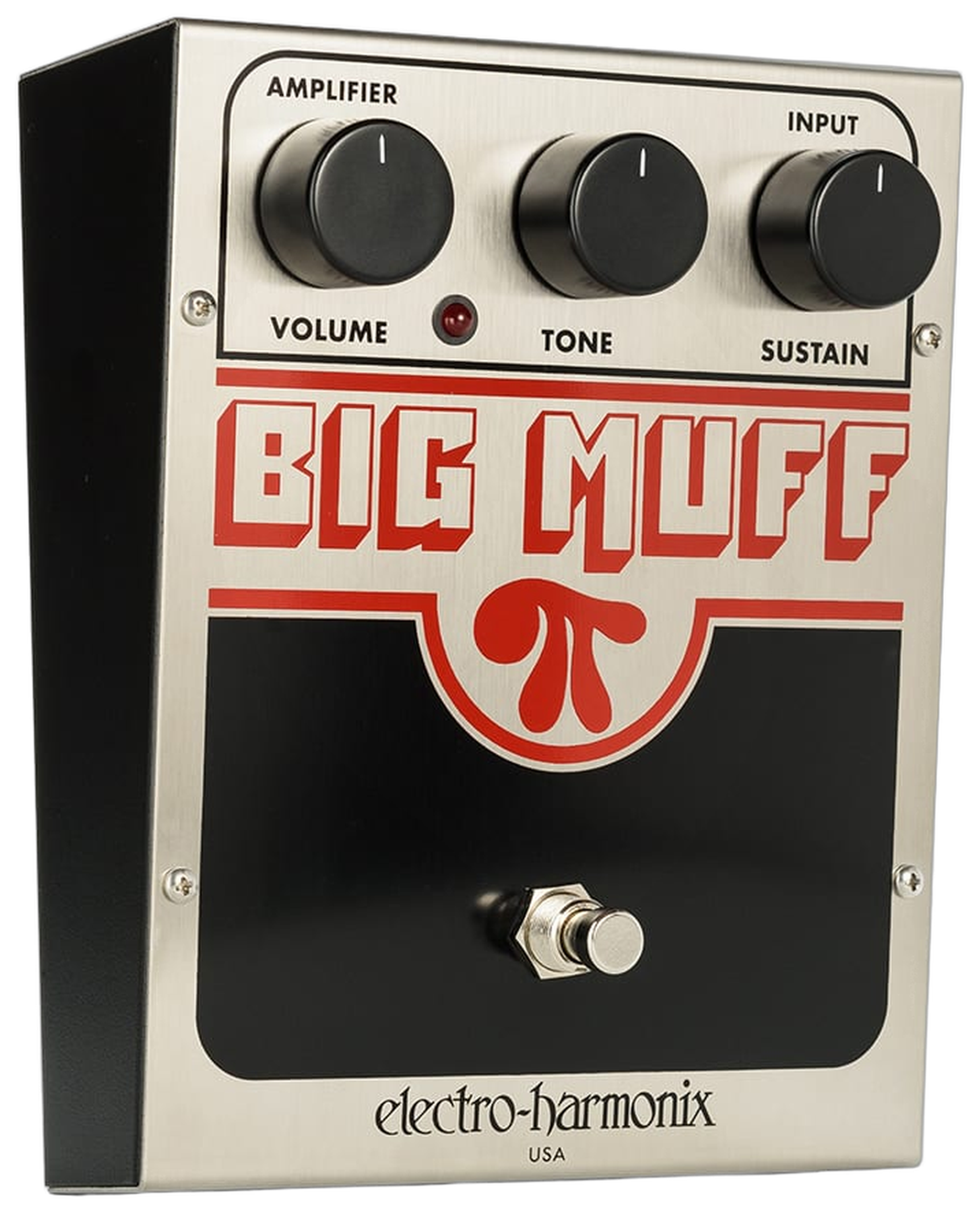 Electro-Harmonix Big Muff Pi, three-quarter view, brushed NYC large-box enclosure, Volume Tone Sustain knobs, red Pi logo