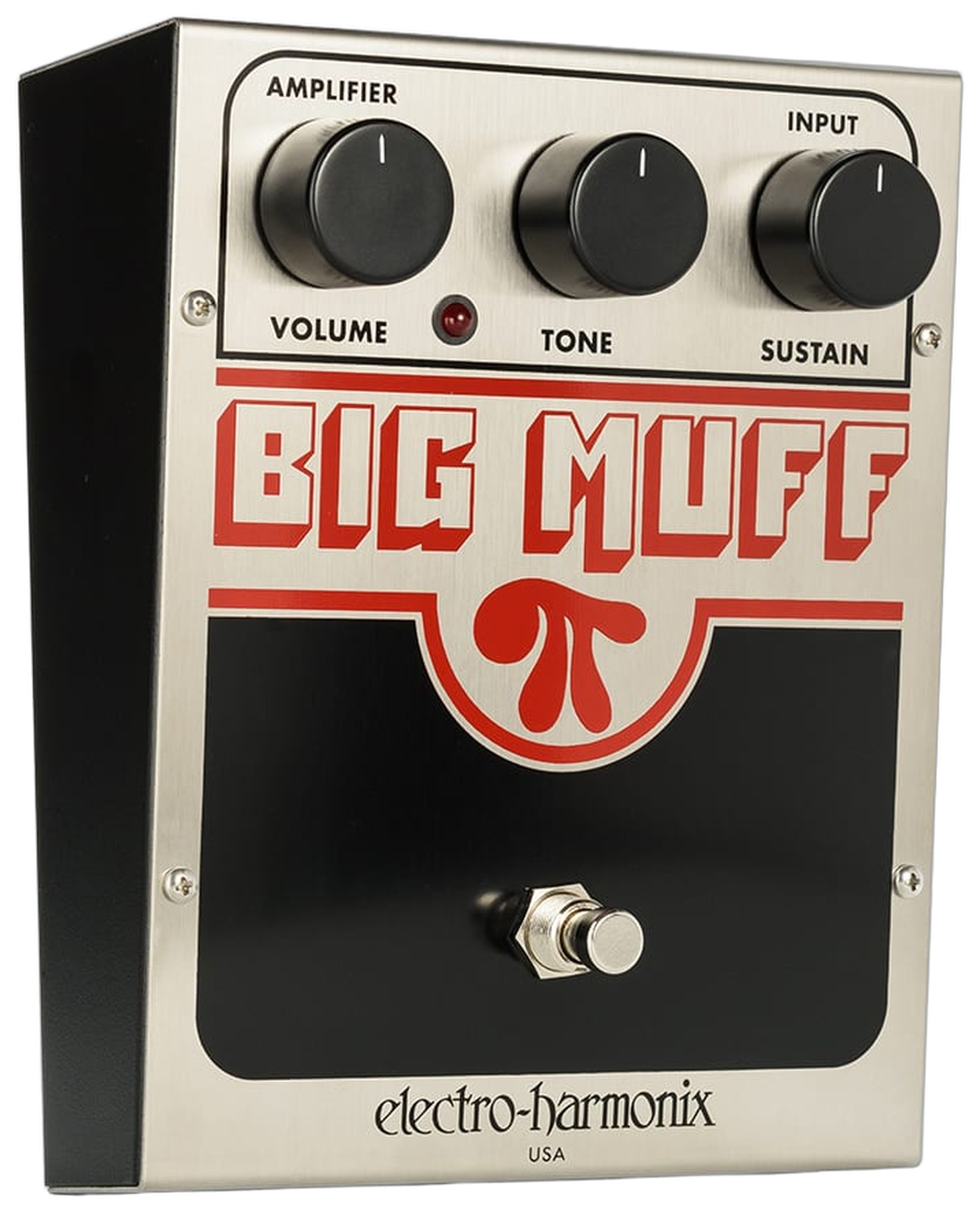 Electro-Harmonix Big Muff Pi, three-quarter view, brushed NYC large-box enclosure, Volume Tone Sustain knobs, red Pi logo