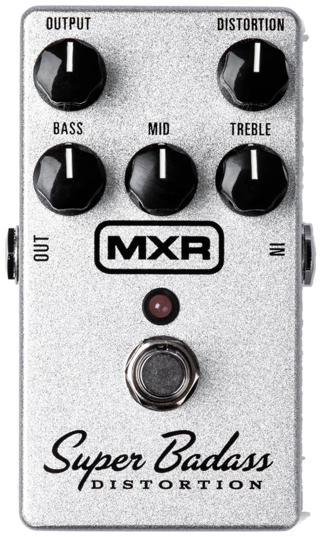 MXR M75 Super Badass Distortion, top-down view, silver enclosure, five black knobs, red LED