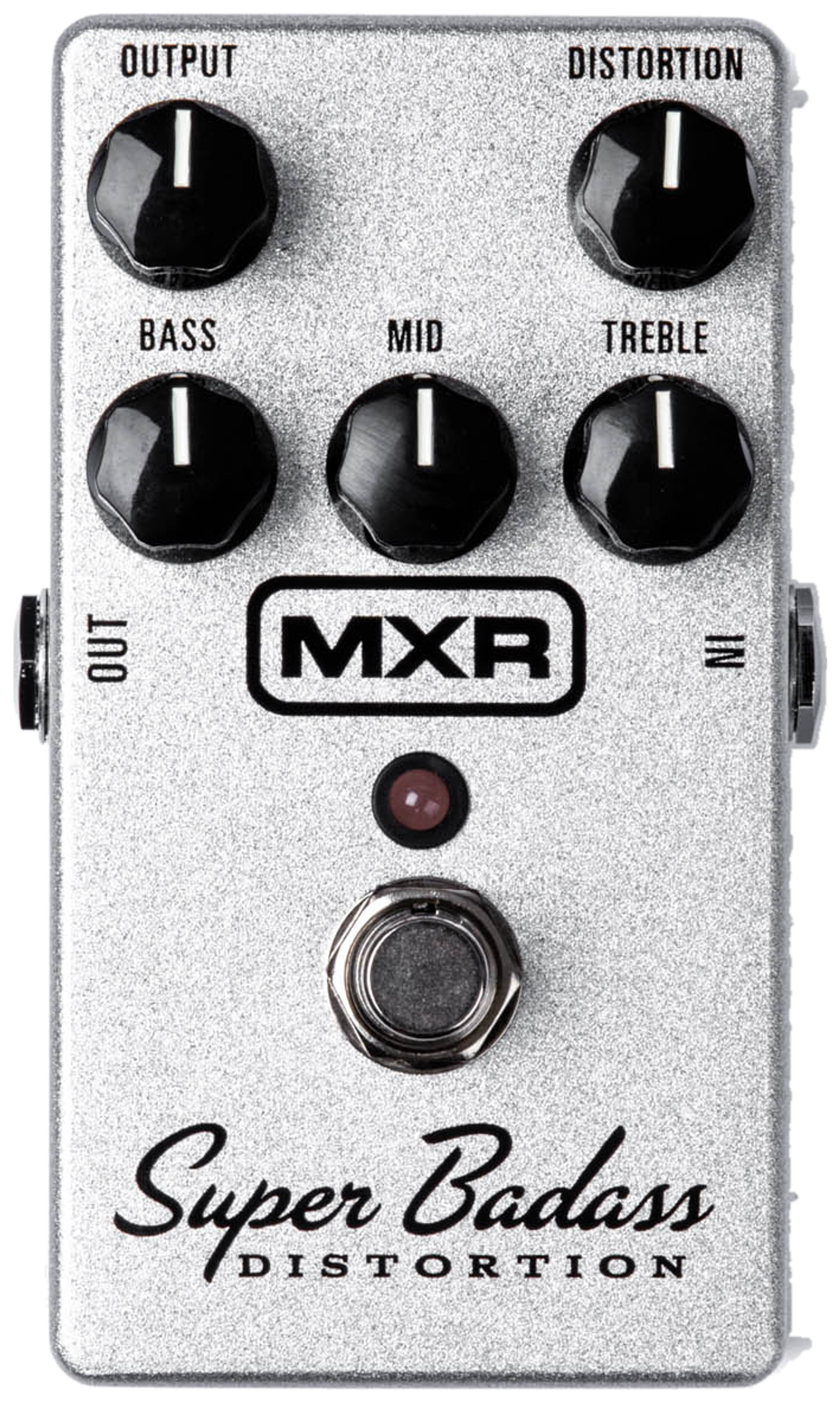 MXR M75 Super Badass Distortion, top-down view, silver enclosure, five black knobs, red LED
