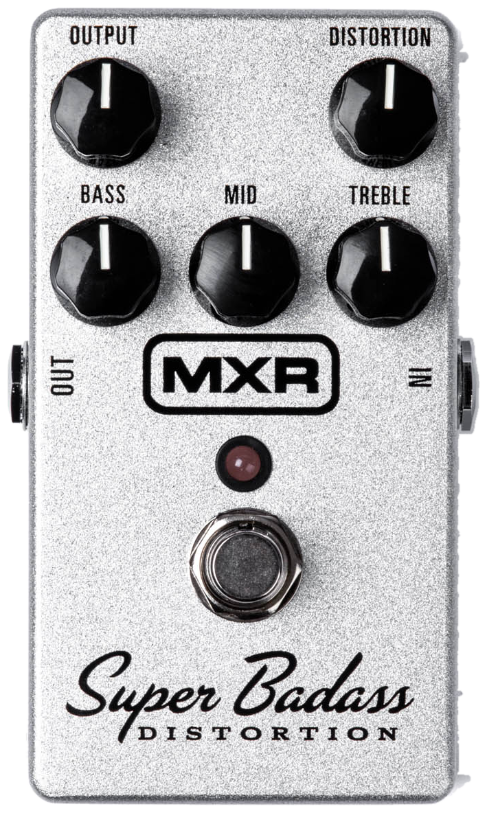 MXR M75 Super Badass Distortion, top-down view, silver enclosure, five black knobs, red LED